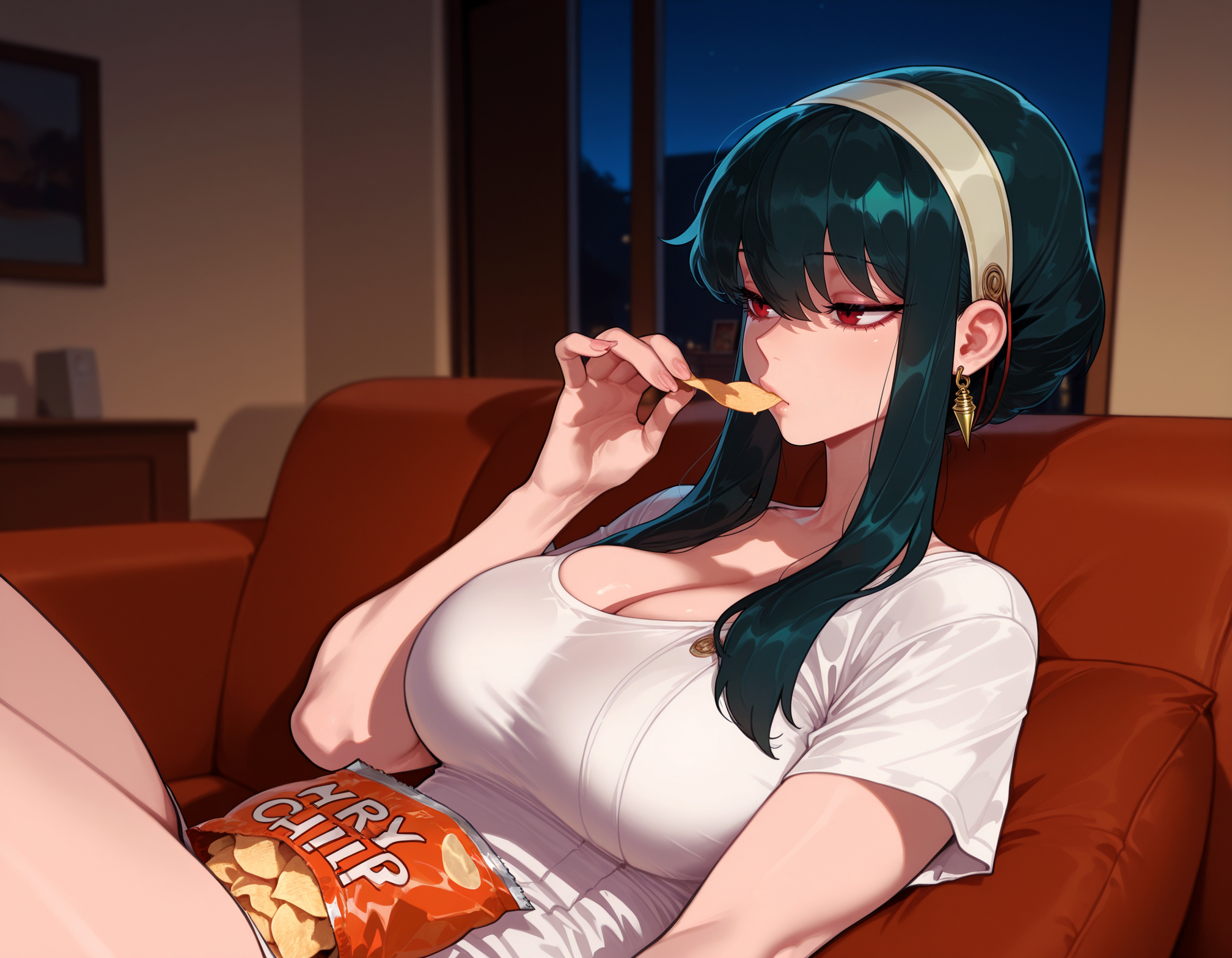 1girls, ai generated, bag of chips, balecxi, bangs, black hair, breasts, chips (food), cleavage, clothing, couch, curvaceous, curvaceous female, curvaceous figure, curvy, curvy figure, earrings, eating, female, female focus, female only, food, furniture, gold earrings, hairband, headwear, holding, holding food, indoors, jewelry, large breasts, long hair, lying, night, on back, on couch, picture frame, pillow, potato chips, red eyes, shirt, short sleeves, sidelocks, sitting, solo, spy x family, t-shirt, taut shirt, thighs, voluptuous, voluptuous female, white hairband, white shirt, window, yor briar, yor forger