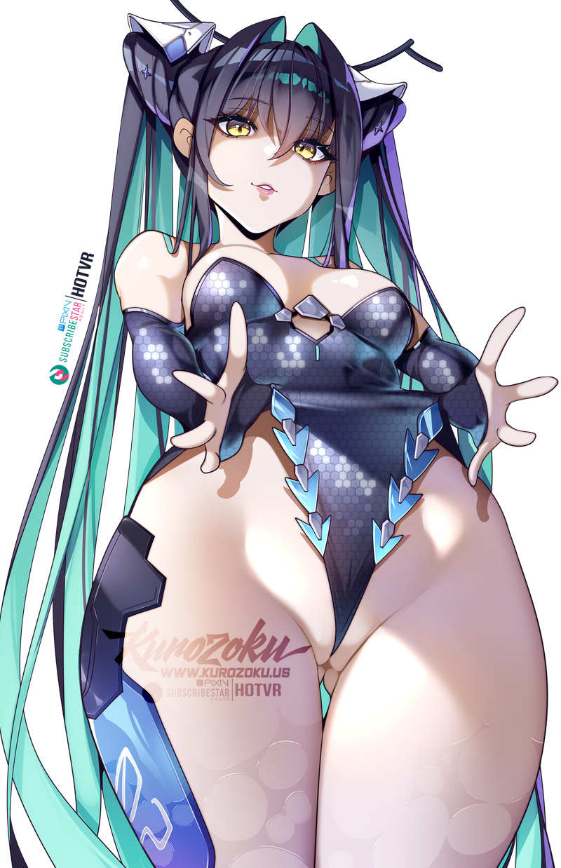 adapted costume, aqua hair, black hair, blue gloves, blue leotard, breasts, colored inner hair, commentary, elbow gloves, female, fingerless gloves, frontal wedgie, gloves, gluteal fold, goddess of victory: nikke, hair between eyes, hair intakes, highres, hotvr, leotard, little mermaid (nikke), long hair, looking at viewer, medium breasts, multicolored hair, parted lips, partially visible vulva, pink lips, pussy, pussy wedgie, self wedgie, simple background, siren (nikke), solo, standing, strapless, strapless leotard, teeth, very long hair, wedgie, white background, yellow eyes