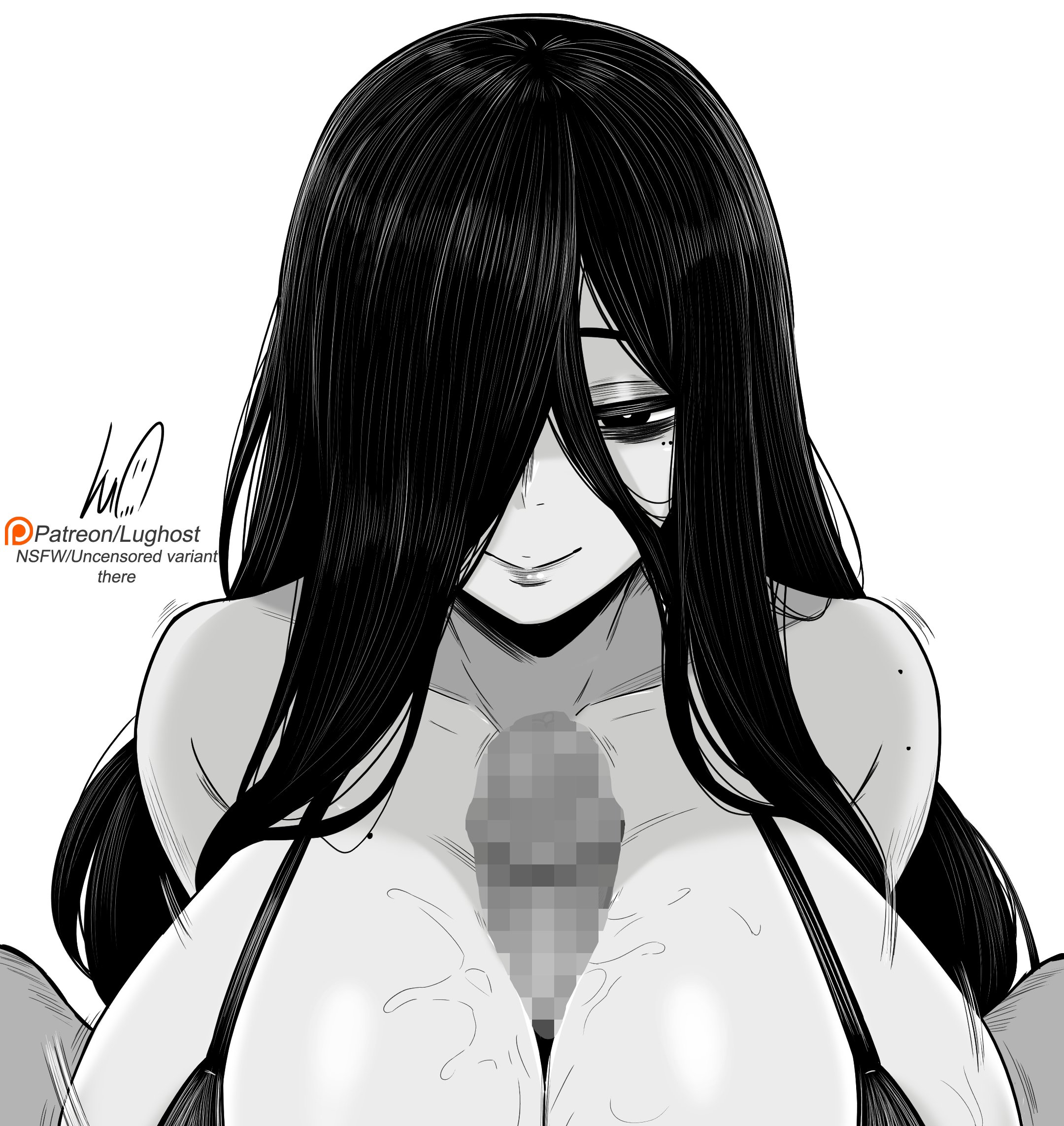 black hair, censored, female, ghost, ghost girl, greyscale, hair over one eye, long hair, lughost, messy hair, mole, motion lines, no color, paizuri, signature, sweat, swimsuit, tagme, yamamura sadako
