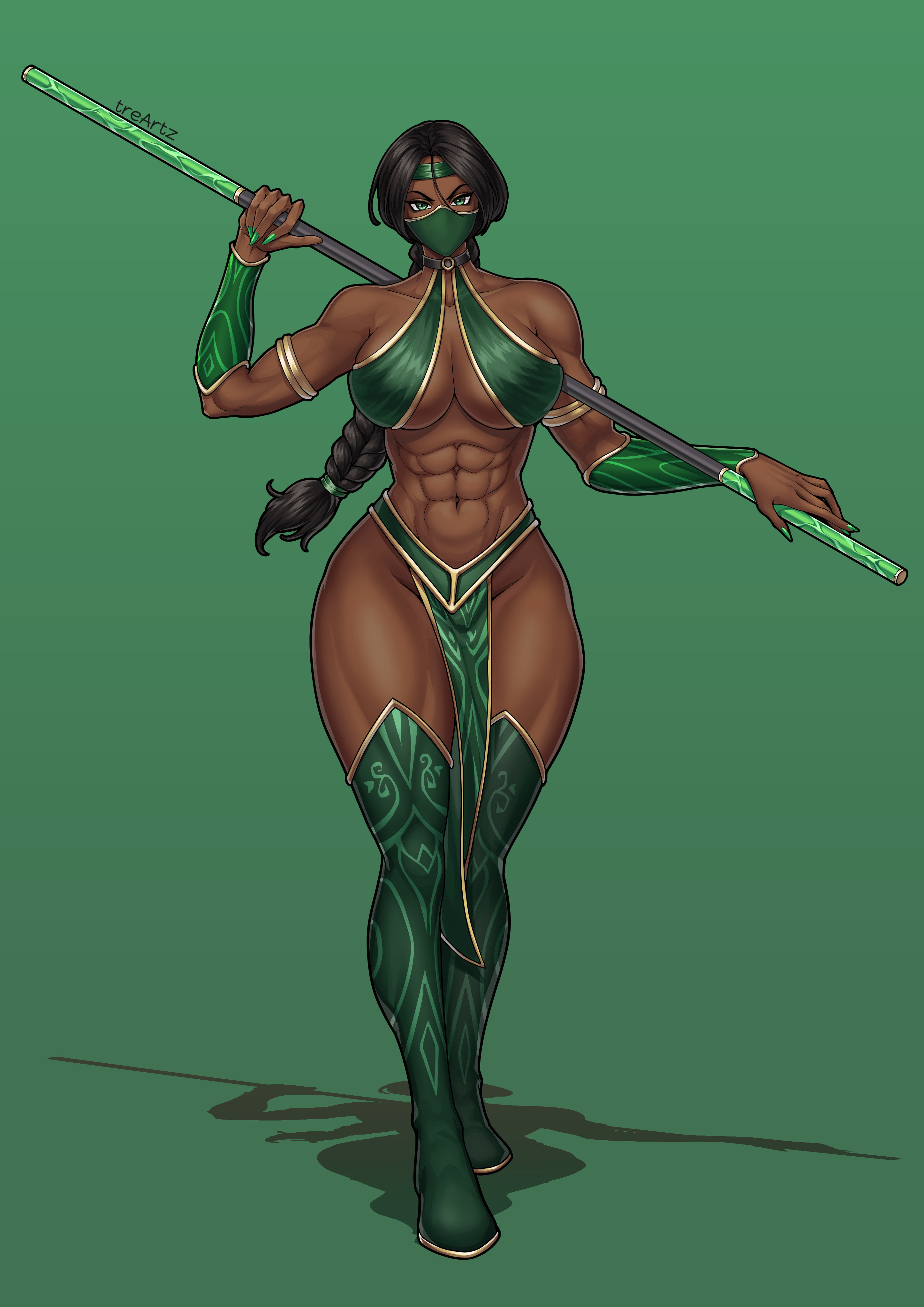 1girls, abs, black hair, breasts, dark skin, dark-skinned female, edenian, female, female only, jade (mortal kombat), mask, mortal kombat, mortal kombat (2011), muscular, muscular female, pole, solo, solo female, solo focus, staff, thighs, thotlerrr, treartz