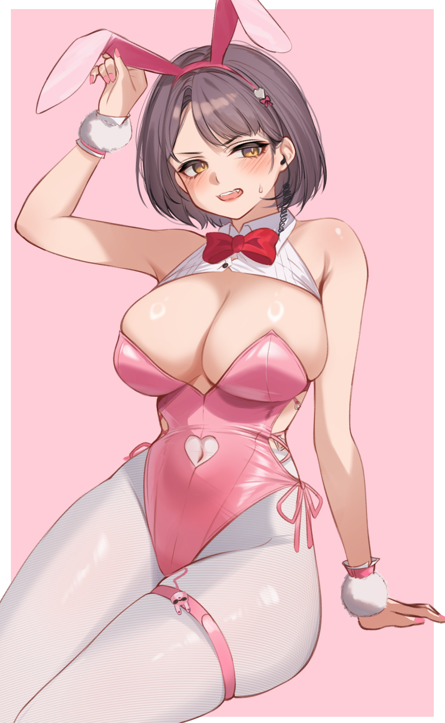 1girls, artist request, bare shoulders, big breasts, blush, bowtie, breasts, brown hair, bunny ears, bunny girl, bunnysuit, cleavage, cleavage cutout, detached cuffs, earpiece, embarrassed, embarrassed female, female, female only, goddess of victory: nikke, hair ornament, highres, leotard, light skin, light-skinned female, milk (blooming bunny) (nikke), milk (nikke), navel, official alternate costume, open mouth, painted nails, pink leotard, simple background, white legwear, yellow eyes