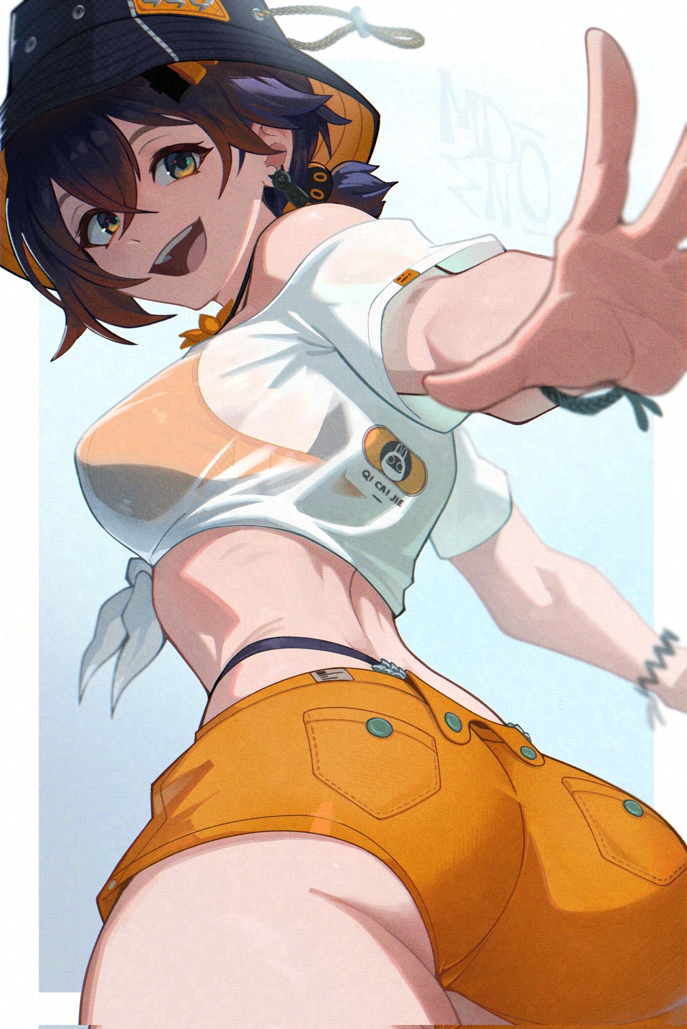 :d, 1girls, ass, belle (summer skies) (zenless zone zero), belle (zenless zone zero), big ass, bikini, breasts, bucket hat, female, from below, green eyes, hair ornament, hat, highres, jewelry, light skin, light-skinned female, looking at viewer, looking back, low-angle view, medium breasts, mendo0821, official alternate costume, open mouth, orange shorts, see-through, see-through clothing, shirt, short hair, short shorts, short twintails, shorts, smile, solo, swimsuit, thighs, tied shirt, twintails, zenless zone zero