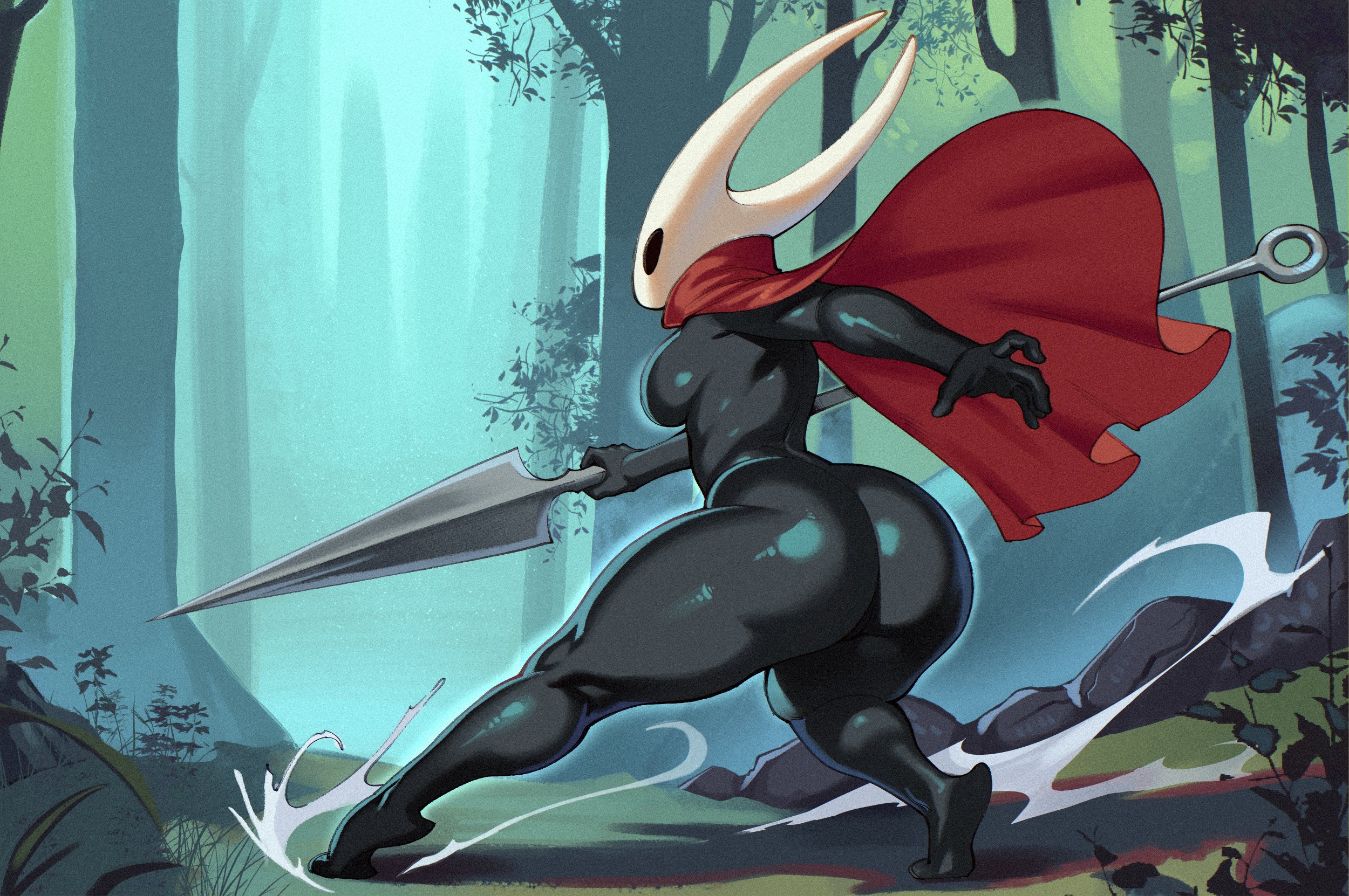 1girls, ass, big ass, black body, bottom heavy, breasts, bubble butt, cloak, fat ass, female, female only, forest, hollow knight, hollow knight: silksong, hornet (hollow knight), huge ass, large ass, mask, nocturne nsfw, outdoors, rear view, solo, spear, team cherry, thick ass, thick thighs, tree, weapon, wide hips