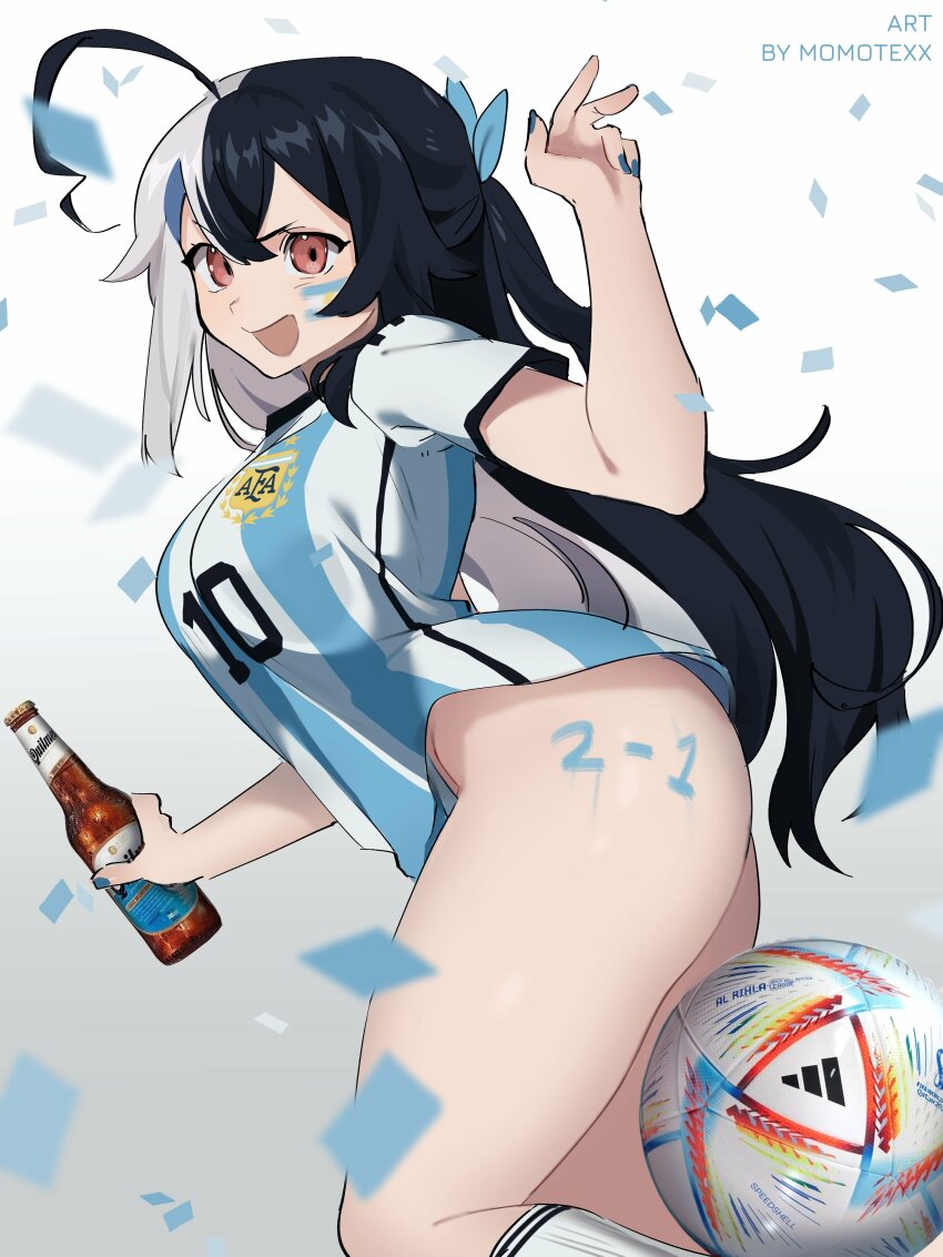 2022, 2022 fifa world cup, absurdres, ahoge, argentina, argentinian flag, argentinian flag print, artist name, ass, ball, beer bottle, black hair, blue hair, blue nails, body writing, bottle, breasts, confetti, facepaint, female, flag print, hair between eyes, highres, holding, holding bottle, indie virtual youtuber, large breasts, long hair, looking at viewer, momotexx (artist), momotexx (vtuber), multicolored hair, nail polish, naked shirt, no pants, open mouth, red eyes, shirt, short sleeves, smile, soccer, soccer ball, soccer uniform, socks, solo, split-color hair, sportswear, streaked hair, striped clothes, striped shirt, t-shirt, thighs, two side up, two-tone hair, v-shaped eyebrows, vertical-striped clothes, vertical-striped shirt, very long hair, virtual youtuber, vyugen, white hair, white socks, wide hips, world cup