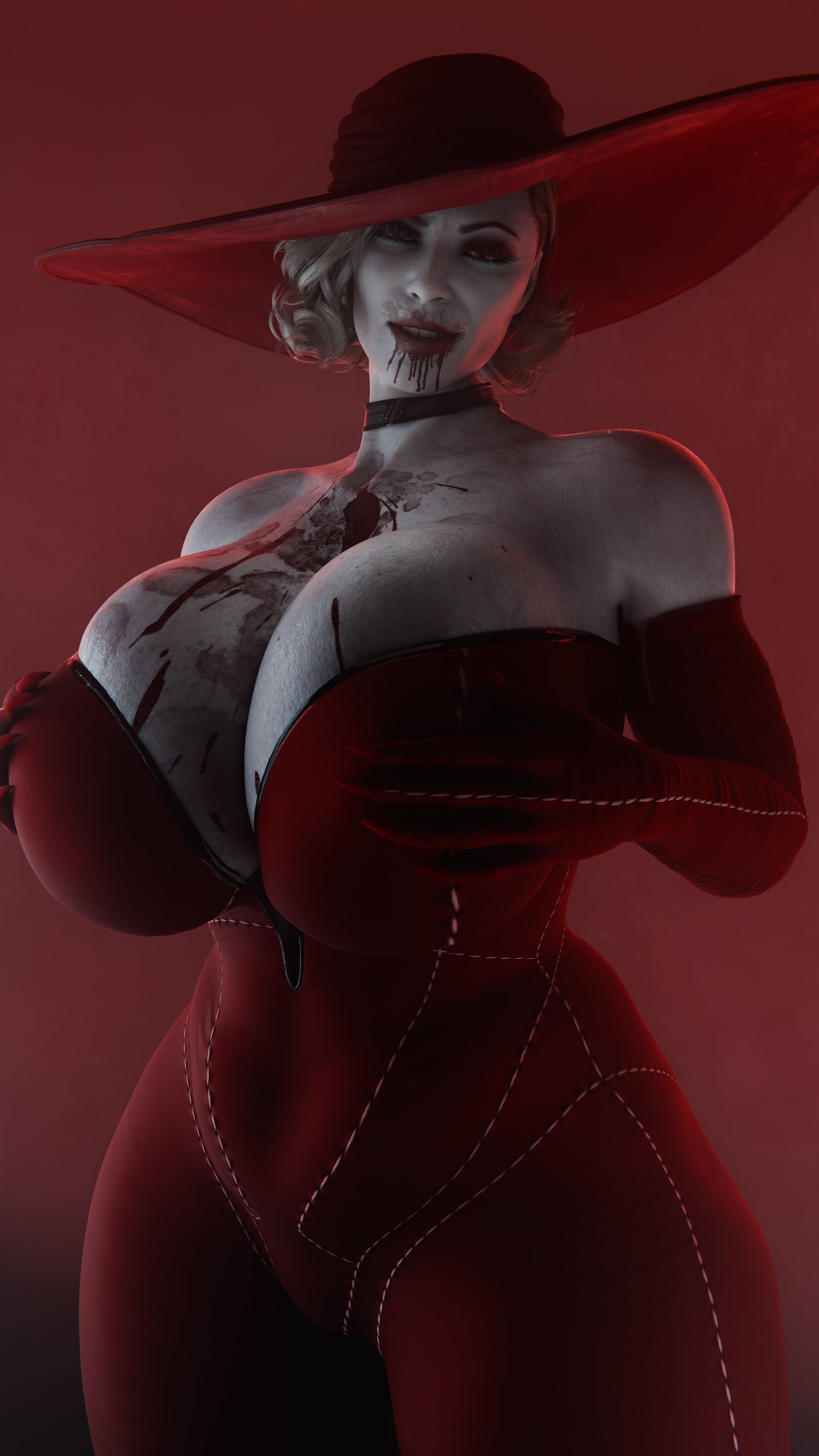 1girls, 3d, alcina dimitrescu, alternate color scheme, alternate costume, big breasts, blood, blood on face, blood splatter, blood stain, breasts, doublejeckylll, female, huge breasts, milf, pinup, resident evil, resident evil 8: village, thick thighs