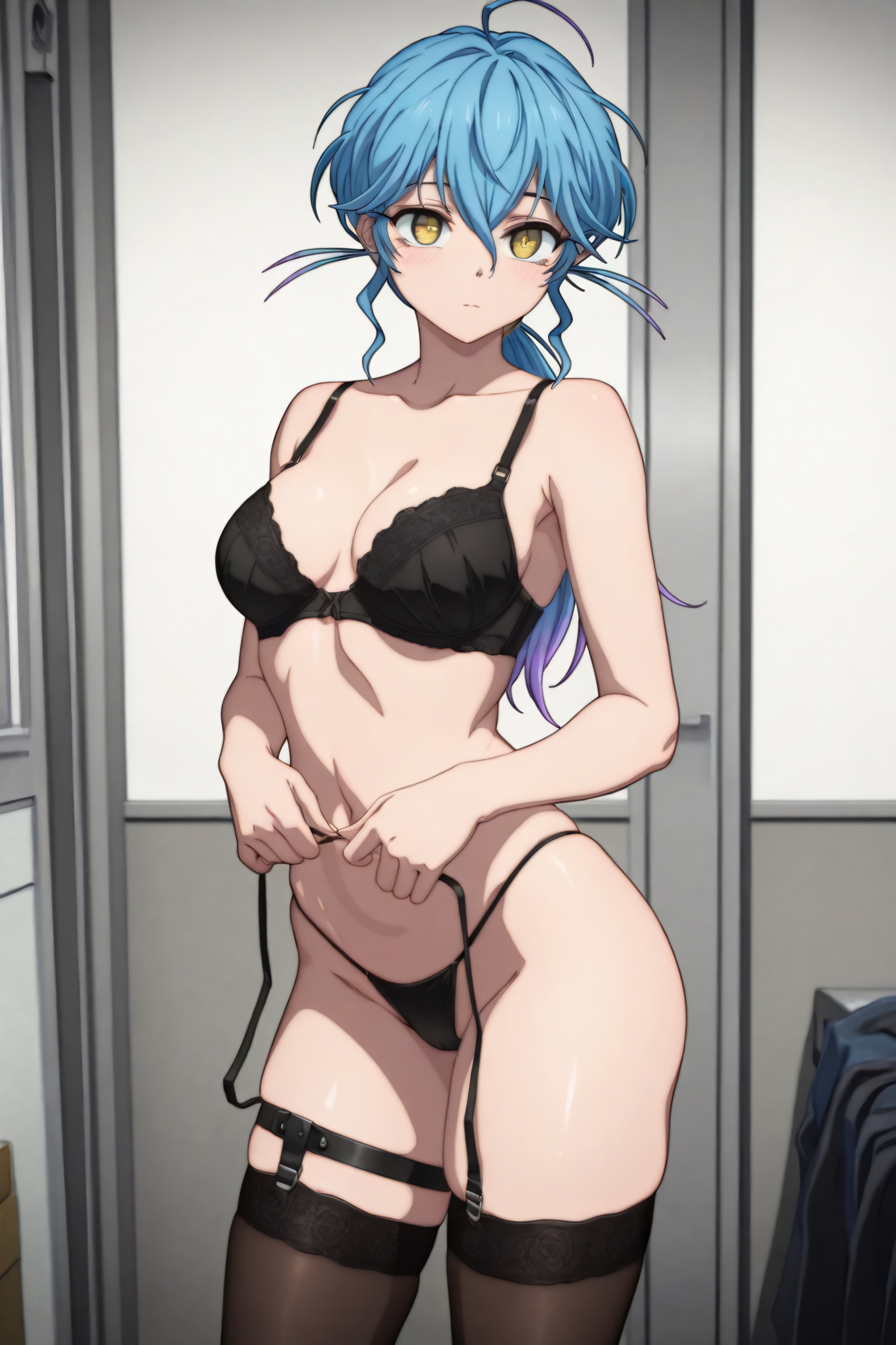 ai, ai art, ai generated, ai hands, ai-created, akao akira, black bra, black panties, blue hair, breasts, female, frizzy hair, golden eyes, gradient hair, lingerie, looking at viewer, medium breasts, partially clothed, pin up, sakamoto days, standing, stockings, svpk76, thighhighs, thighs, yellow eyes