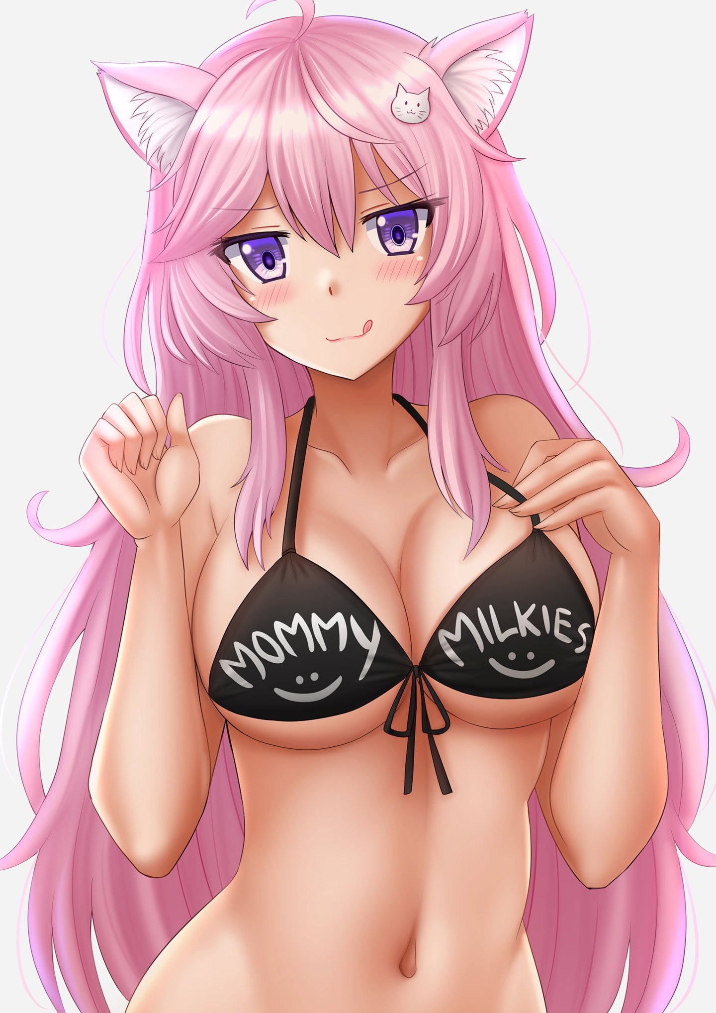 1girls, 5 fingers, animal ears, belly, big breasts, bikini, bikini top, blush, breasts, cat ears, cat girl, catgirl, cleavage, eyebrows, eyebrows visible through hair, eyelashes, eyes, female, female only, front view, hair, inner ear fluff, kazenokaze, large breasts, licking lips, light skin, light-skinned female, long hair, looking at viewer, navel, nyatasha nyanners, pale skin, pale-skinned female, pink hair, purple eyes, simple background, smile, solo, stomach, tongue, tongue out, virtual youtuber, vshojo, white background
