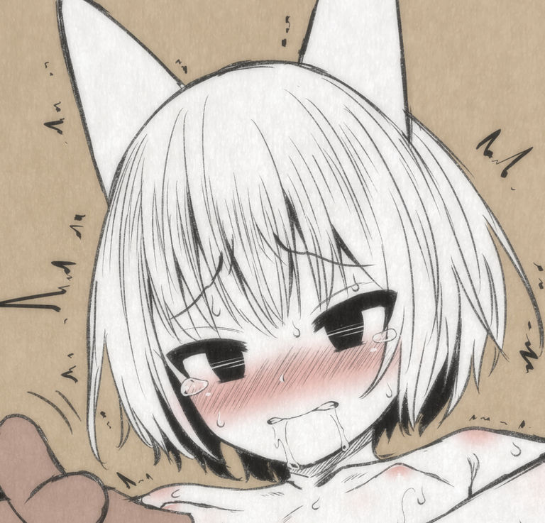 ^^^ ahe_gao animal_ears blush brown_background cat_ears clenched_teeth female implied_sex limited_palette mamerakkkkko nipples out-of-frame_censoring personification reward_available shikaru_neko short_hair solo tears teeth