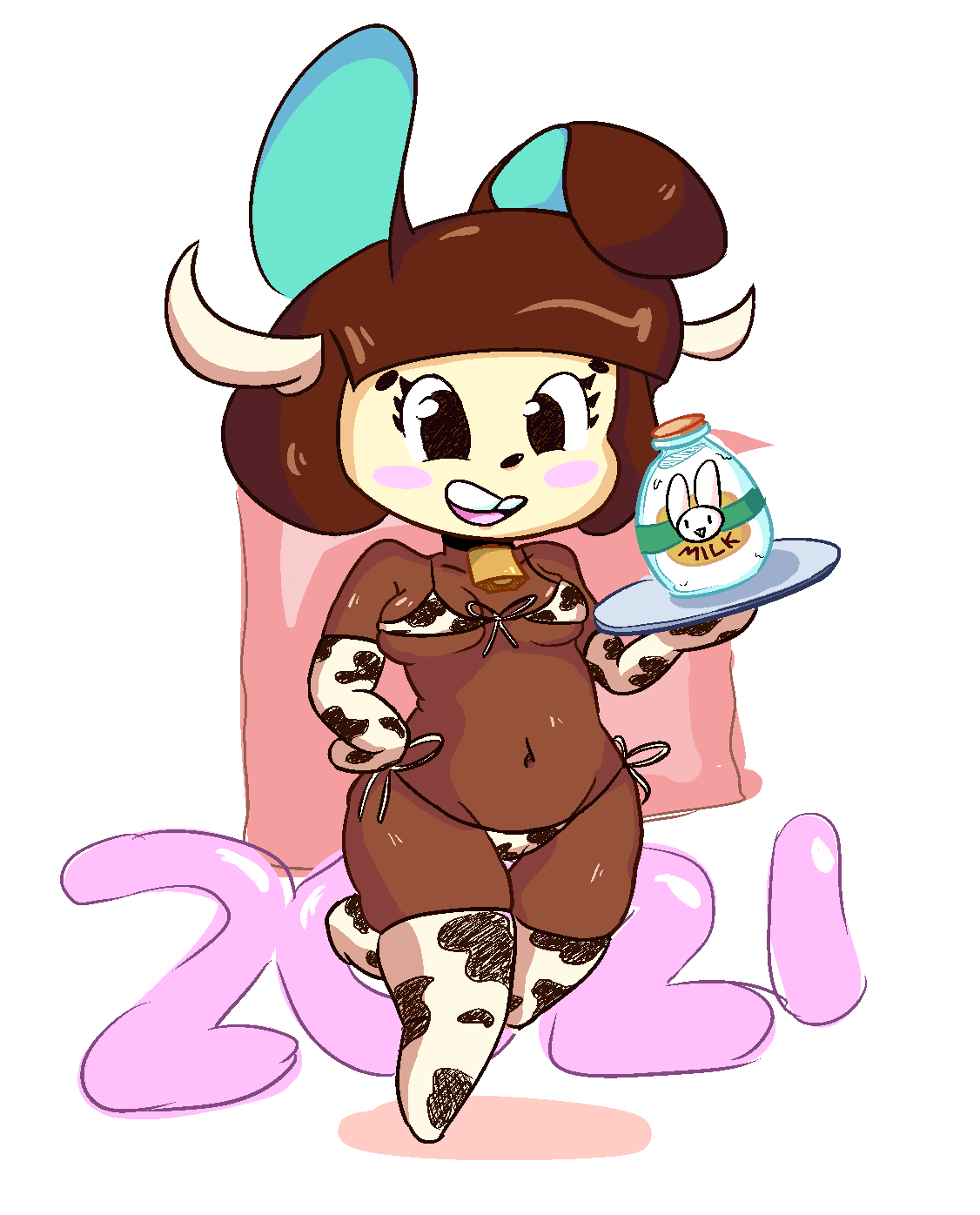 animal_crossing animal_print anthro argylesockx bikini blush carmen_(animal_crossing) clothing cow_print female hi_res holidays lagomorph leporid mammal milk new_year nintendo rabbit shortstack solo swimwear teeth video_games