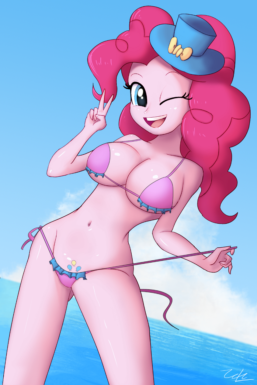 1girls, big breasts, bikini, breasts, cleavage, cutie mark, equestria girls, female, flirting, friendship is magic, hasbro, my little pony, navel, open mouth, peace sign, pinkie pie (eg), pinkie pie (mlp), playful, pubic tattoo, seductive, solo, solo female, straight hair, swimsuit, teasing, underboob, undressing, wink, zelc-face