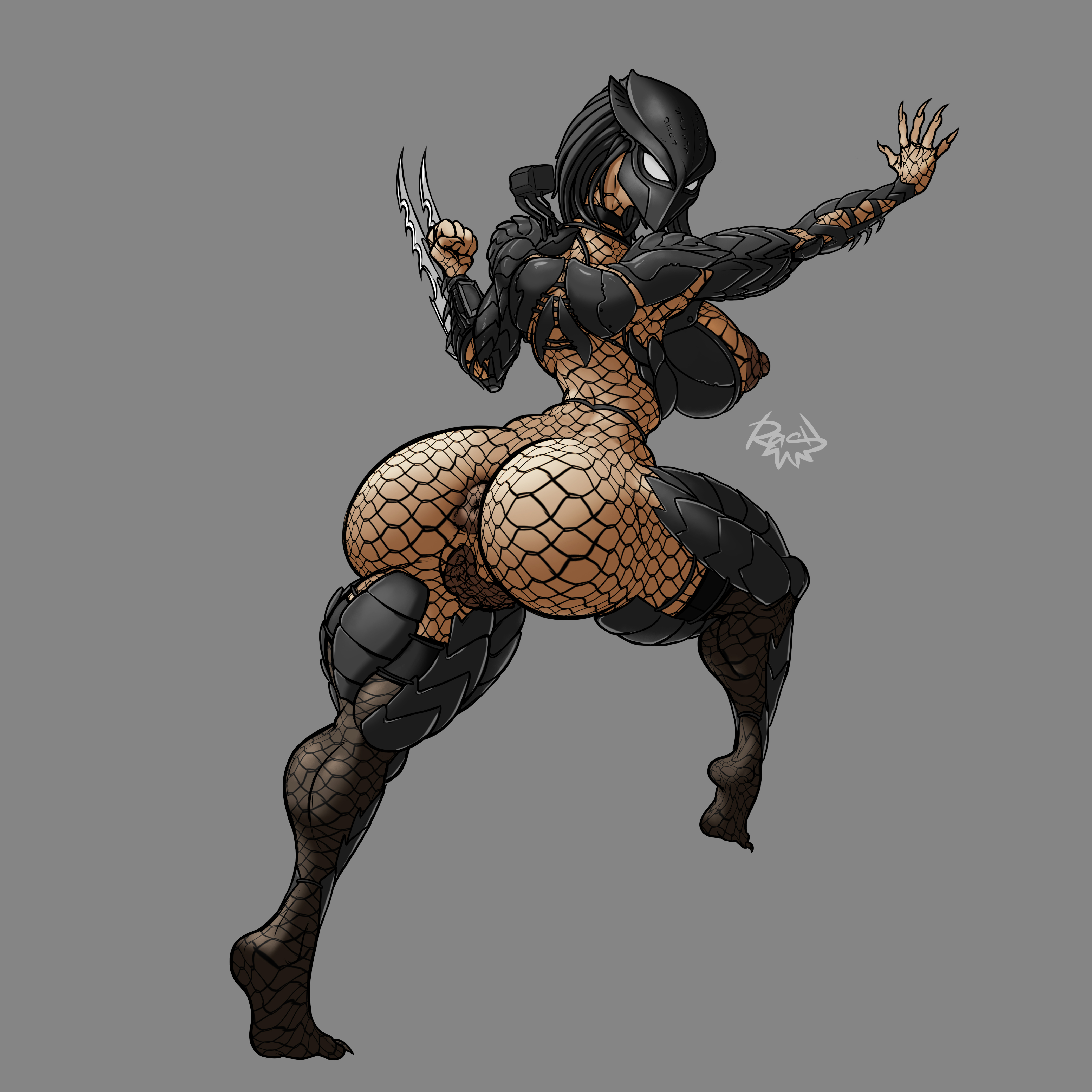 anus, armor, ass, big ass, big breasts, big butt, big nipples, breasts, female, female yautja, looking at viewer, predator (franchise), predator mask, presenting, pussy, rashchaos, stockings, tagme, thick thighs, yautja
