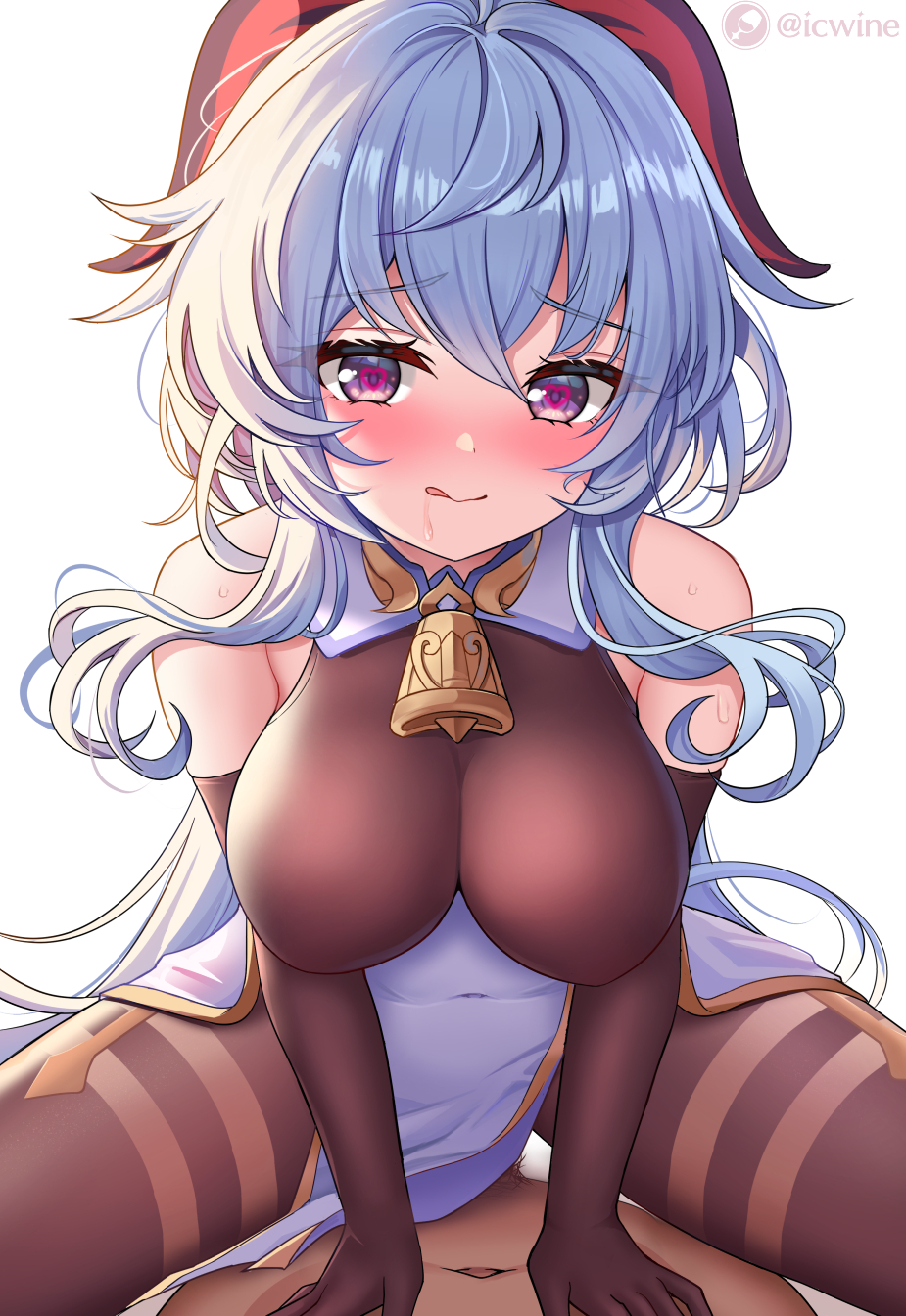 :p artist_name bare_shoulders bell black_legwear blue_hair breasts clothed_sex cowbell cowgirl_position elbow_gloves eyebrows_visible_through_hair female ganyu_(genshin_impact) genshin_impact gloves hair_between_eyes half-closed_eyes heart heart-shaped_pupils highres horns hypnosis icwine large_breasts licking_lips long_hair looking_at_viewer male_pov mind_control naughty_face navel pelvic_curtain pov pov_eye_contact purple_eyes sex simple_background smile spread_legs straddling sweat symbol-shaped_pupils tongue tongue_out very_long_hair white_background