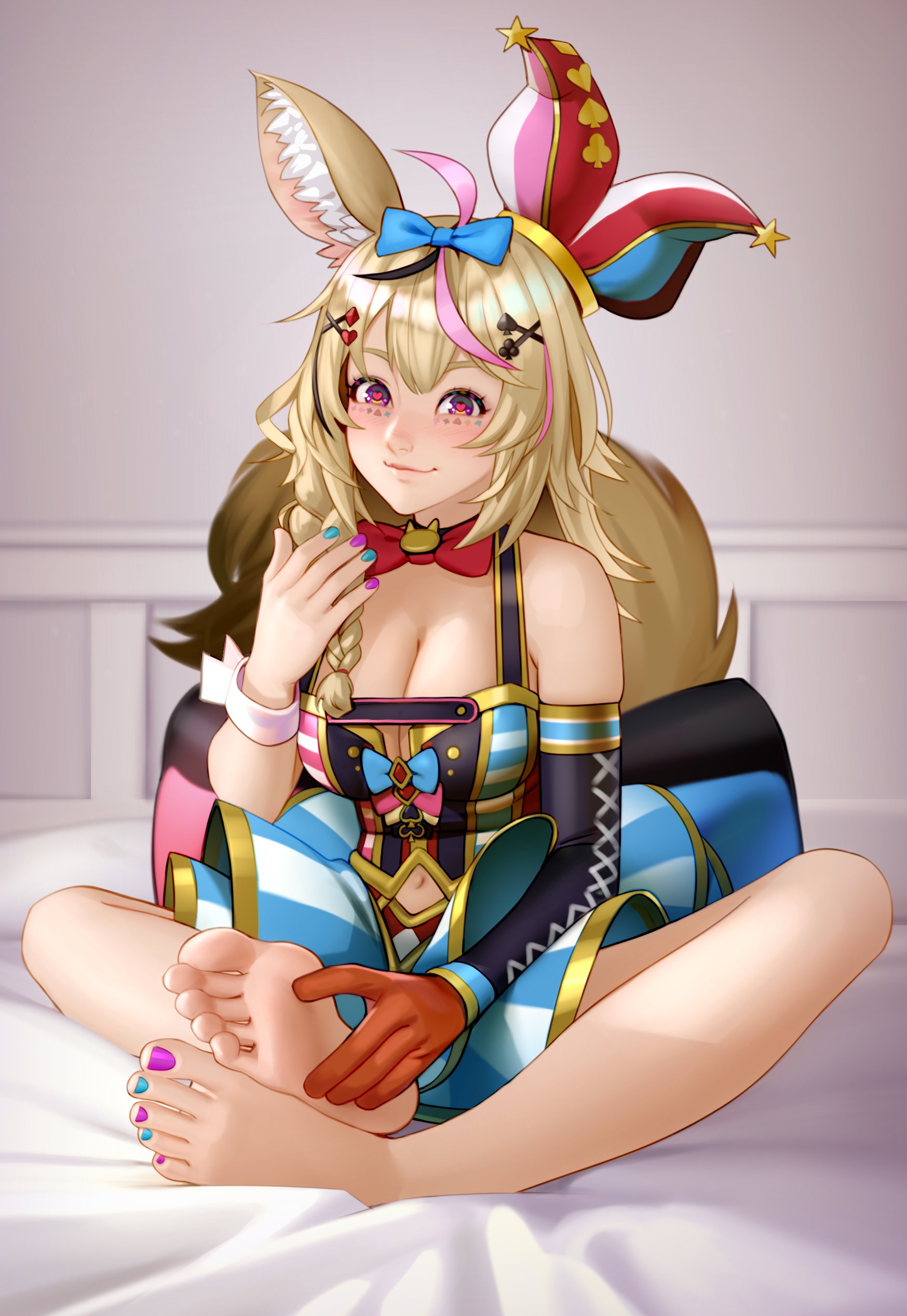 animal ear, animal ears, barefoot, blonde hair, blue nails, blue toenails, breasts, feet, female, fingernails, furry tail, greek toe, hololive, hololive gen 5, hololive japan, kairuhentai, kairunoburogu, large breasts, long hair, marking below eyes, nail polish, omaru polka, pink nails, pink toenails, red eyes, smile, smiling, toenail polish, toenails, toes, virtual youtuber, vtuber, youtuber