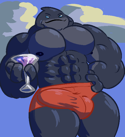 2021 abs alcohol aliasing alien beverage big_muscles blue_eyes bulge clothing cocktail_glass digital_media_(artwork) disney gantu genital_outline grey_body grey_nipples grey_skin grungebeetle holding_glass holding_object lilo_and_stitch male male_only muscular muscular_male nipples pecs penis_outline smile solo speedo standing swimwear thick_thighs