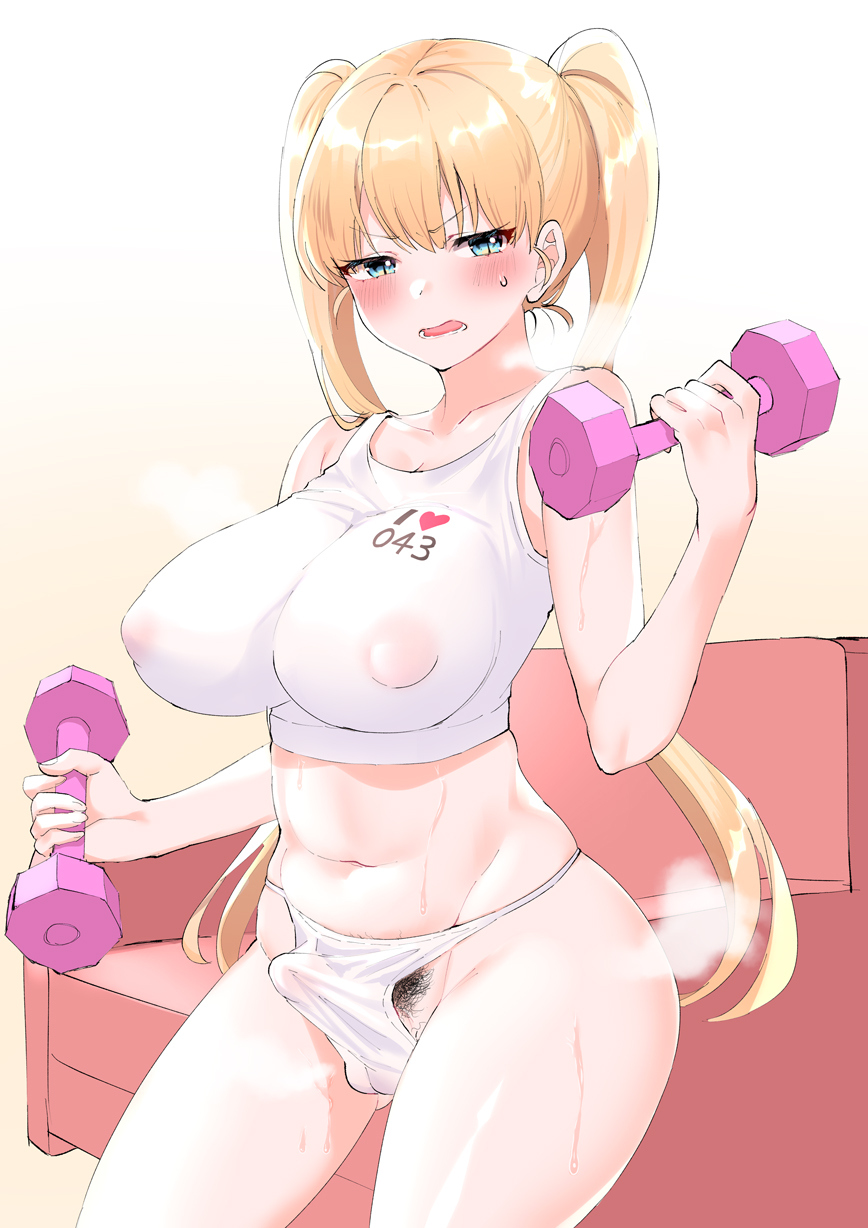1futa, abs, balls, big breasts, blonde hair, blue eyes, blush, breasts, bulge, cute, embarrassed, erection, erection in panties, fit, futa only, futanari, hips, inarimochi, intersex, looking at viewer, nipples, nipples visible through clothing, panties, penis, pubes, pubic hair, red cheeks, small penis, soda karin, solo, sweat, thighs, wide hips, workout