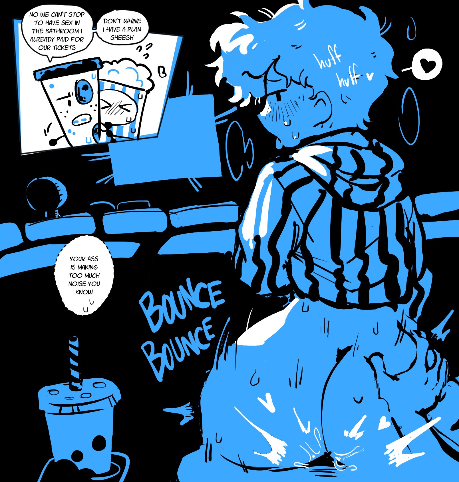 ambiguous penetration, ass, ass grab, big ass, blonde hair, comic, cute, duo, english text, female, heart, humanized, kint, looking at viewer, looking back, male, male/female, movie theater, object show, object shows, penetration, pov, public, public sex, rear view, sex, short hair, sitting on lap, straight, sweat, text, tongue, tongue out