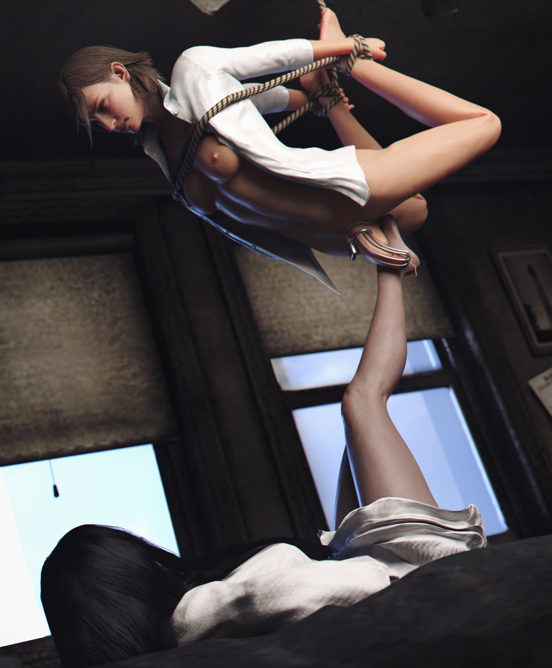1futa, 1girls, 3d, areolae, balls, bondage, chastity cage, dawadd, dickgirl, duo, feet, female, femdom, futanari, futasub, human, intersex, juli kidman, pale skin, penis, suspension, the evil within, the ring, yamamura sadako
