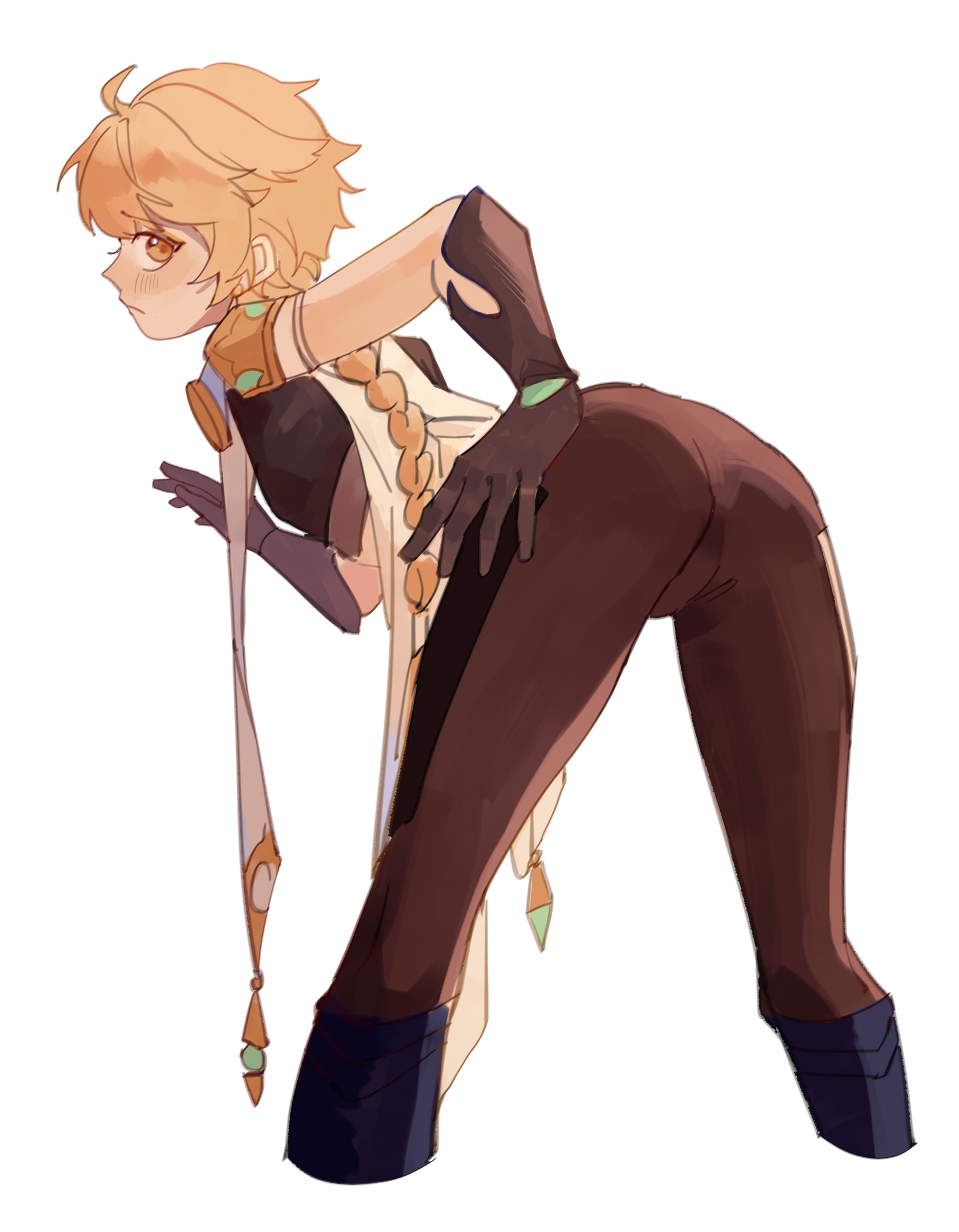1boy, aether (genshin impact), ass, ass focus, bending forward, femboy, feminization, genshin impact, gloves, male, male only, solo, white background, yuyouxingx