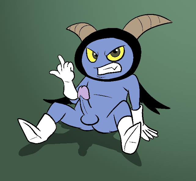 1boy angry balls blue_body blue_skin boots clothing darkajugin dragon_ball dragon_ball_super erection footwear genitals gesture gloves handwear horn humanoid imp male male_only middle_finger nude penis simple_background sitting solo solo_male wings yellow_eyes zoiray