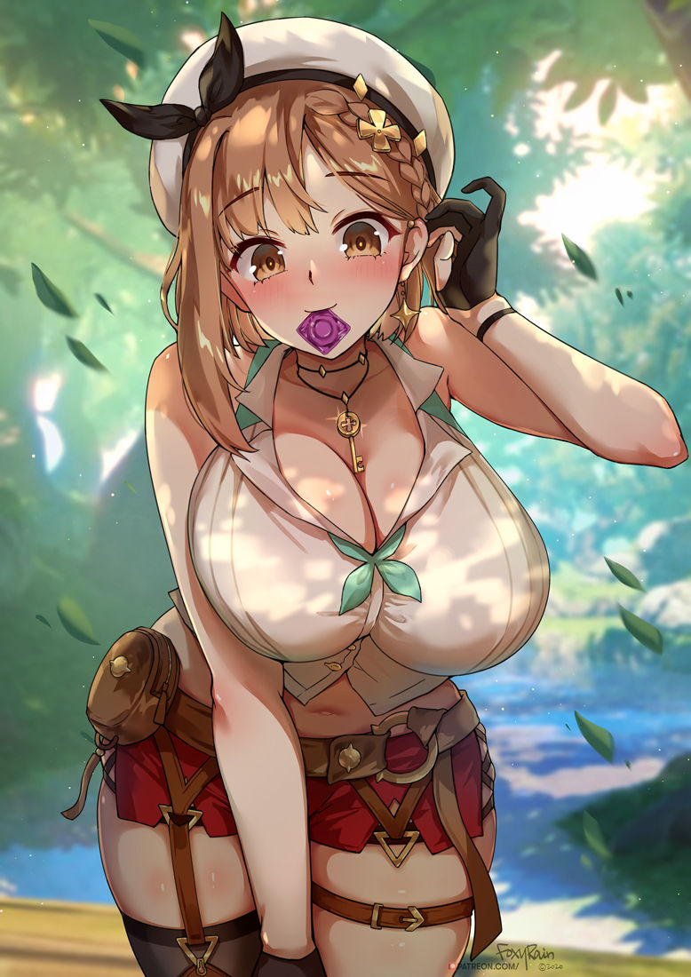 atelier (series), atelier ryza, blush, blushing at viewer, breasts, cleavage, condom, condom in mouth, female, female only, forest, foxy rain (foxyreine), foxyrain (foxyreine), foxyreine, horny, huge breasts, inviting, looking at viewer, reisalin stout, seductive, soft, solo, suggestive, watermark