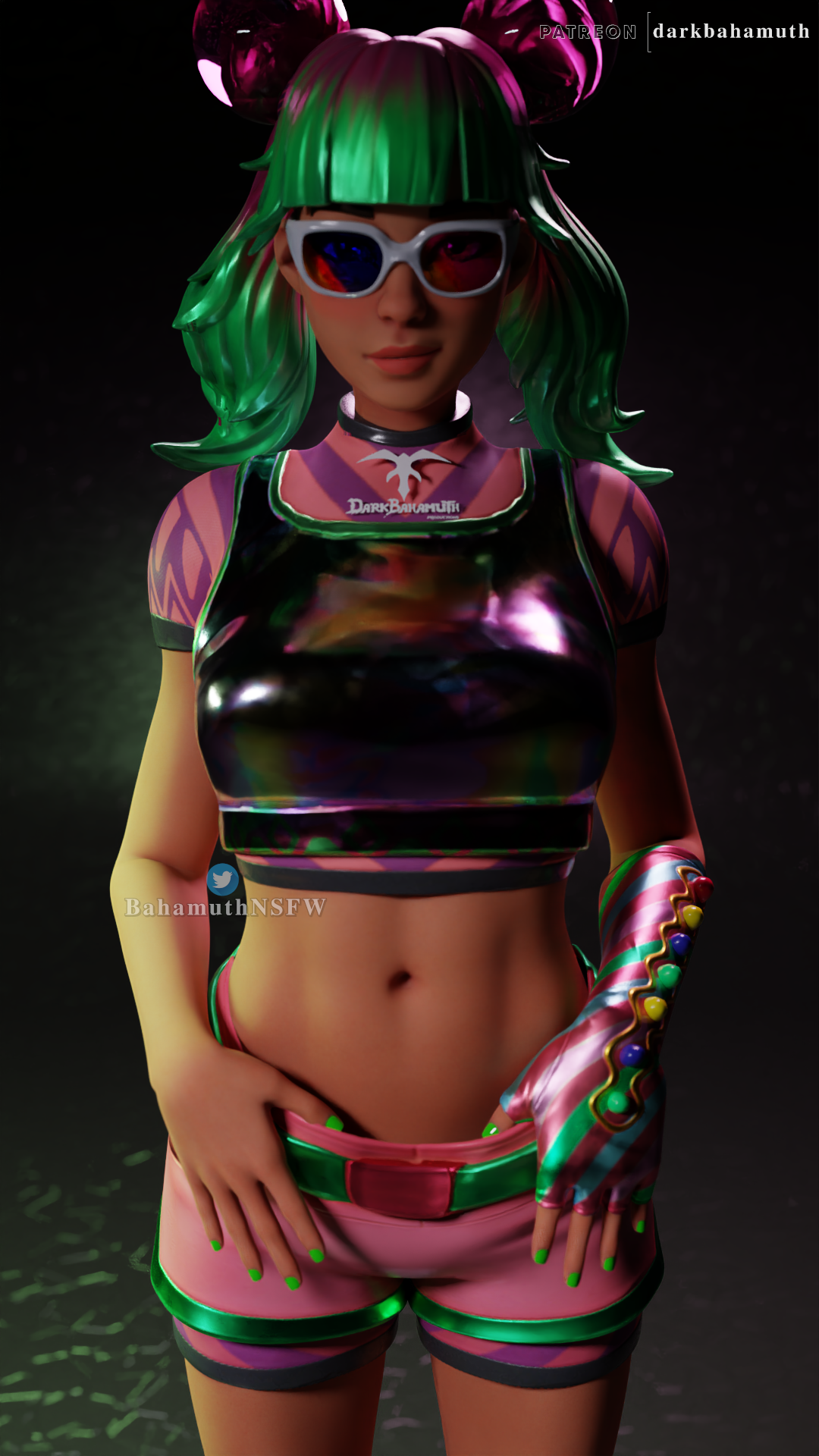 1girls, 3d, 3d (artwork), 9:16, artist logo, bare midriff, blender, darkbahamuth, female, female only, fortnite, green hair, green nail polish, looking at viewer, nail polish, navel, patreon username, short sleeves, shorts, solo, sunglasses, tagme, tinted eyewear, tropical punch zoey, twitter logo, twitter username, zoey (fortnite)