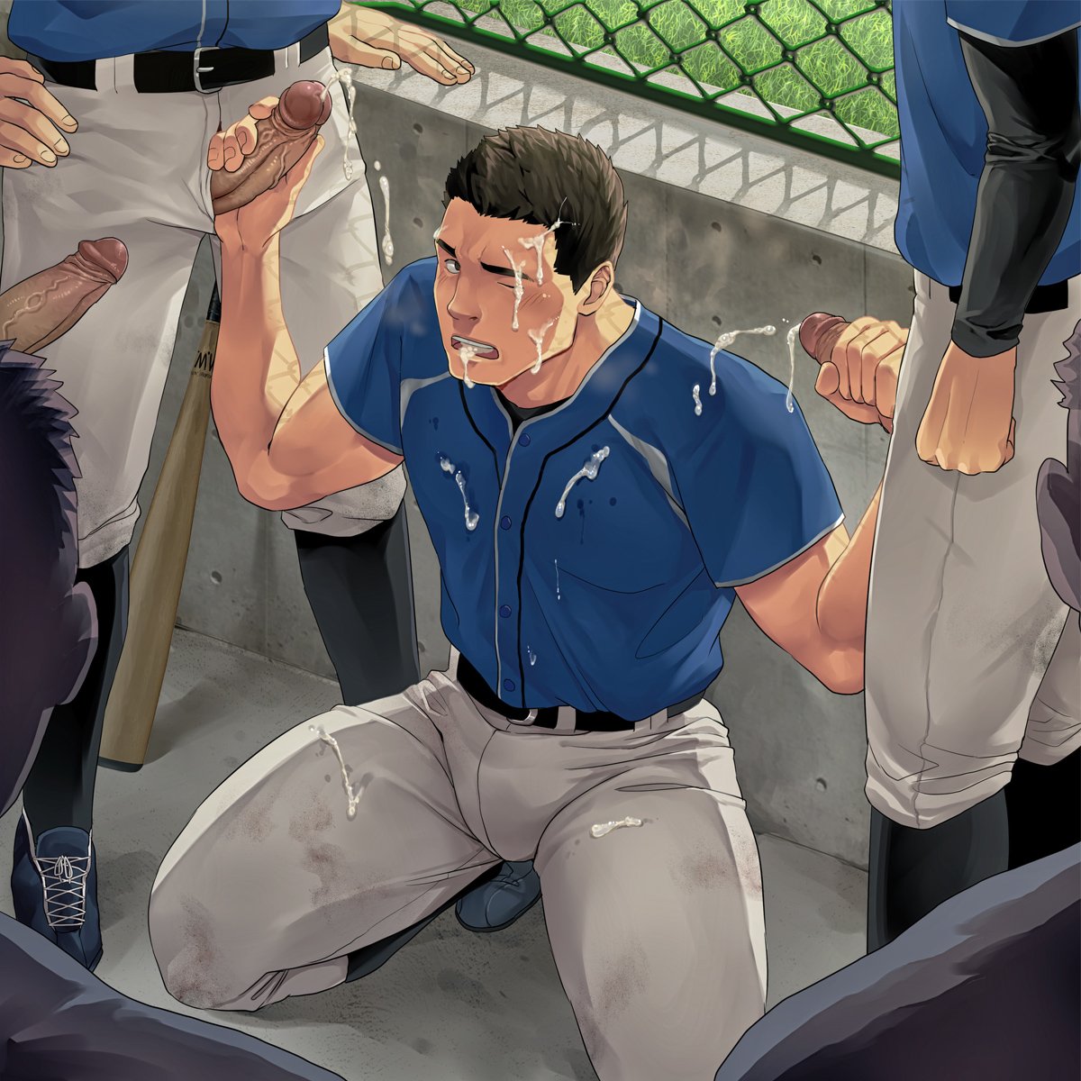 6+boys bara baseball_uniform blue_shirt bulge clothed cum cum_in_mouth cum_inside cum_on_clothes cum_on_face ejaculation erection facial fence fraternity full_body gay gay_sex handjob highres kneeling lad male male/male male_focus male_only multiple_boys muscular muscular_male one_eye_closed original pants pectorals penis projectile_cum shirt short_hair short_sleeves sportswear thick_thighs thighs tight_shirt uncensored white_pants winemvee yaoi