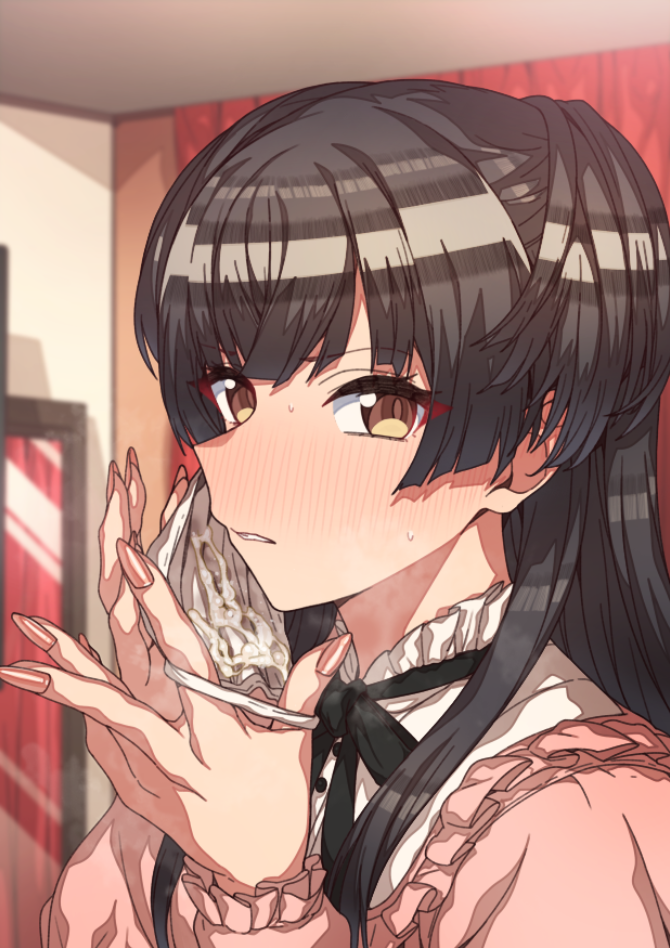 bangs black_hair black_neckwear black_ribbon blunt_bangs brown_eyes cum cum_in_mask cum_under_mask erere eyebrows_visible_through_hair female fingernails frilled_shirt frilled_sleeves frills holding holding_mask idolmaster idolmaster_shiny_colors indoors long_fingernails long_hair looking_at_viewer mask mask_removed mayuzumi_fuyuko mouth_mask neck_ribbon pink_shirt ribbon shirt solo straight two_side_up v-shaped_eyebrows