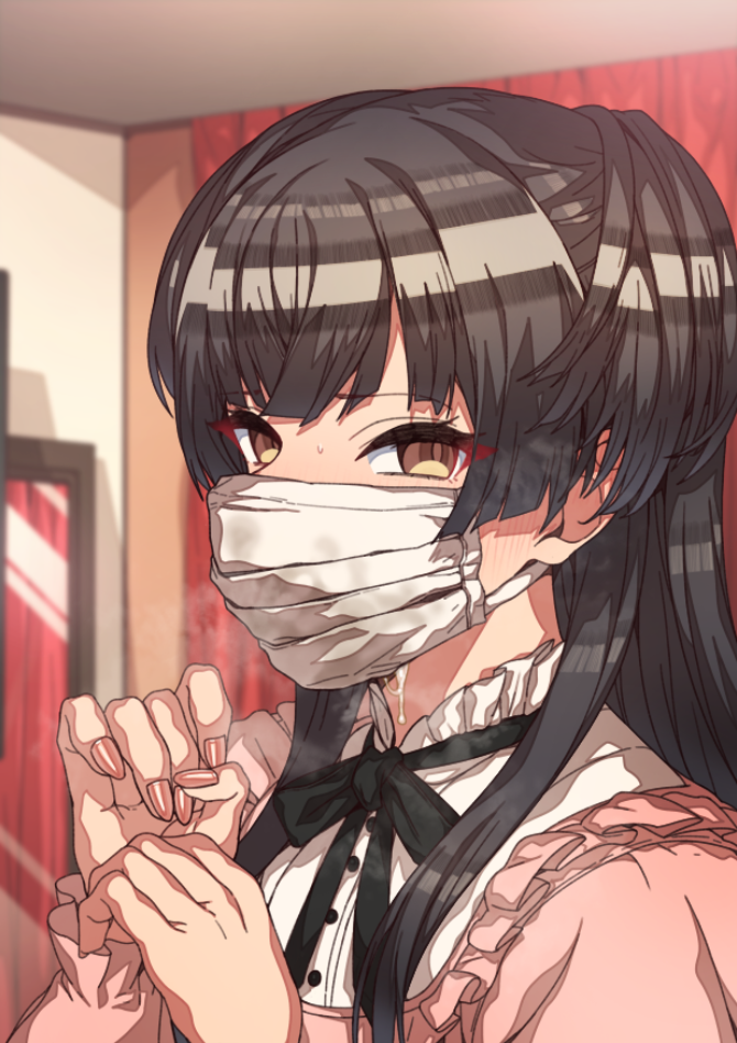 bangs black_hair black_neckwear black_ribbon blunt_bangs brown_eyes covered_mouth cum cum_in_mask cum_under_mask cum_wearing cumdrip erere eyebrows_visible_through_hair female fingernails frilled_shirt frilled_sleeves frills idolmaster idolmaster_shiny_colors indoors long_fingernails long_hair looking_at_viewer mask mayuzumi_fuyuko mouth_mask neck_ribbon pink_shirt ribbon shirt solo two_side_up v-shaped_eyebrows