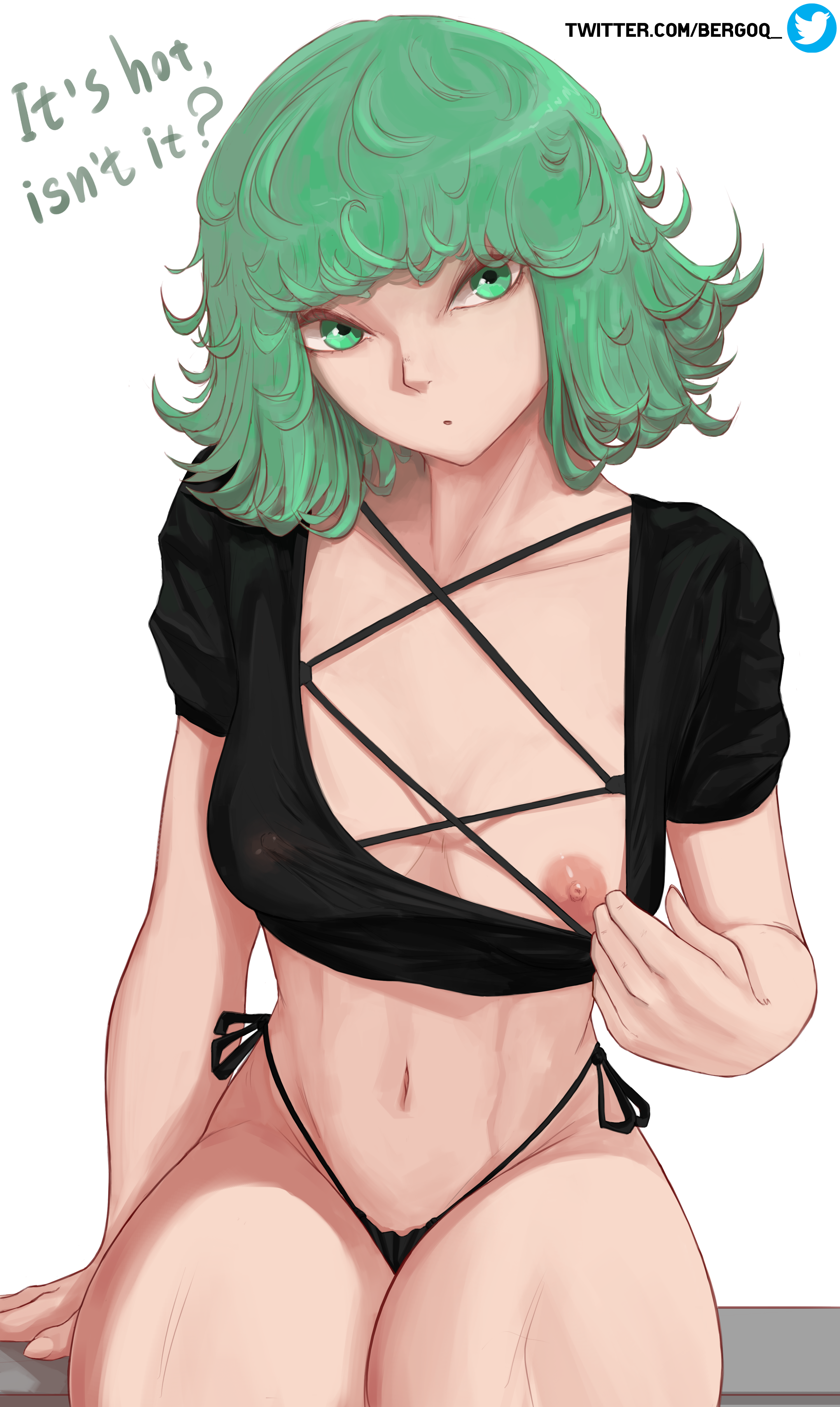 1girls, bergoqew, breasts, english text, female, female only, fit, flashing, green eyes, green hair, nipples, one-punch man, slim waist, solo, tatsumaki, text, thighs, thong