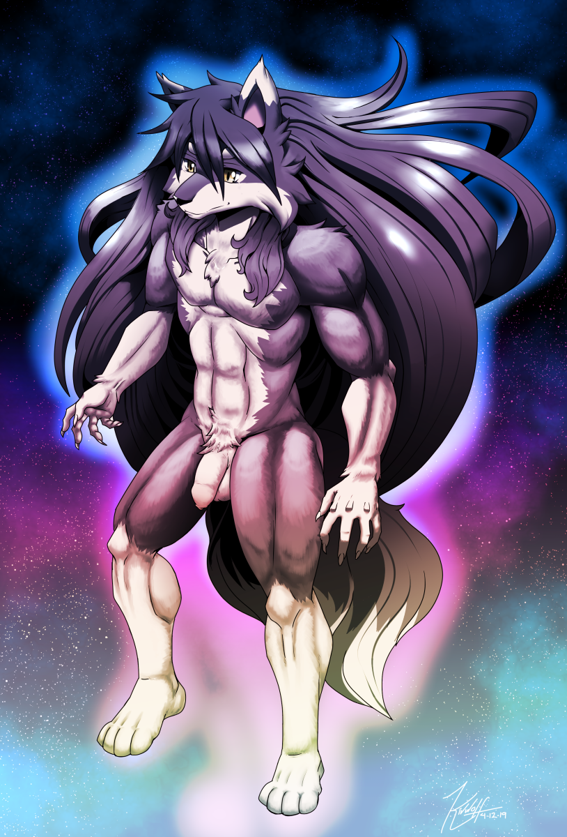 2019 anthro balls canid canine canis chest_tuft foreskin genitals hair hi_res humanoid_genitalia humanoid_penis kiv_(kivwolf) kivwolf long_hair male mammal muscular muscular_anthro muscular_male nude penis solo space tuft uncut wolf yellow_eyes