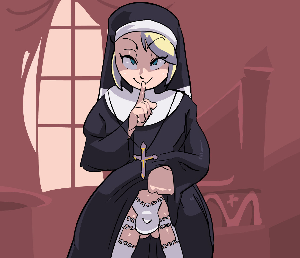 1femboy, balls, balls bulge, blonde hair, blue eyes, bulge, canon crossdressing, cloud strife, crossdressing, dress, dress lift, femboy, feminine male, final fantasy, final fantasy vii, garter belt, garter straps, lingerie, male, male nun, male only, nun, panty bulge, penis, penis bulge, penis in panties, penis under dress, smile, solo, spazkid, stockings, thighhighs, trap, white panties, white stockings