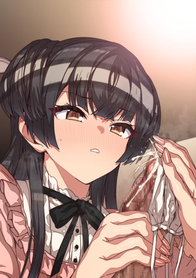 1boy, bangs, black hair, black neckwear, black ribbon, blush, brown eyes, censored, cum, ejaculation, erere, eyebrows visible through hair, female, fingernails, frilled shirt, frills, handjob, idolmaster, idolmaster shiny colors, indoors, long fingernails, looking at penis, male, mask, mask removed, mayuzumi fuyuko, mosaic censoring, mouth mask, neck ribbon, nose blush, parted lips, penis, pink shirt, ribbon, shirt, solo focus, straight, two side up, upper body