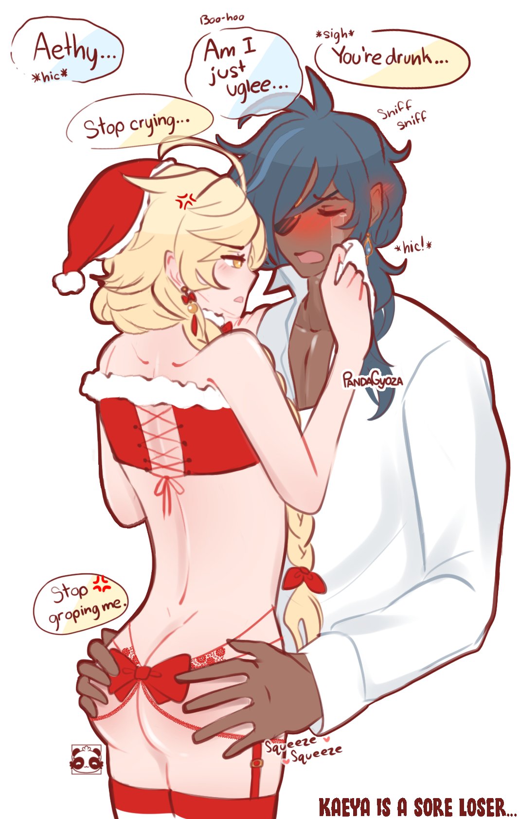 2boys, aether (genshin impact), ass, ass grab, back view, bare back, big ass, blonde hair, blue eyes, blue hair, christmas, crossdressing, dark skin, dark-skinned male, femboy, gay, genshin impact, groping, kaeya (genshin impact), long hair, male, male only, pandagyoza, ribbon, source request, yellow eyes