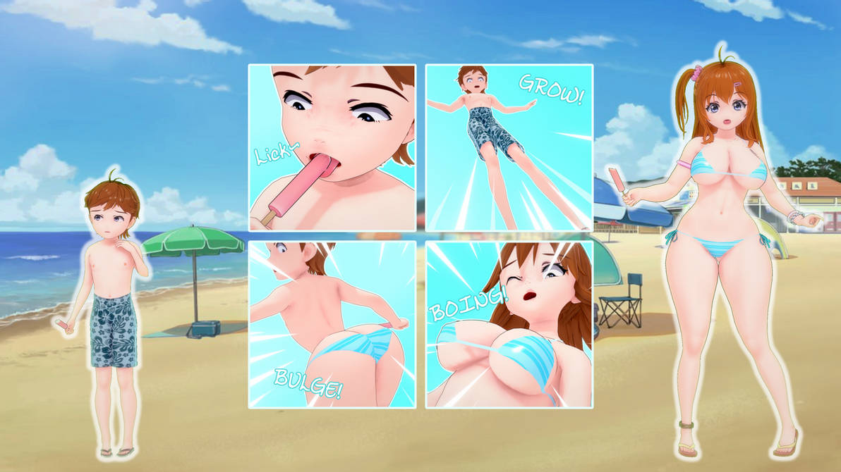 3d, age progression, aged up, anklet, ass expansion, beach, bikini, bimbo, bimbofication, breast expansion, breast growth, breast growth (enlargement), breasts, busty, comic, dynamok, female, gender transformation, genderswap, genderswap (mtf), growth, popsicle, rule 63, thick thighs, transformation, voluptuous, wide hips, wink