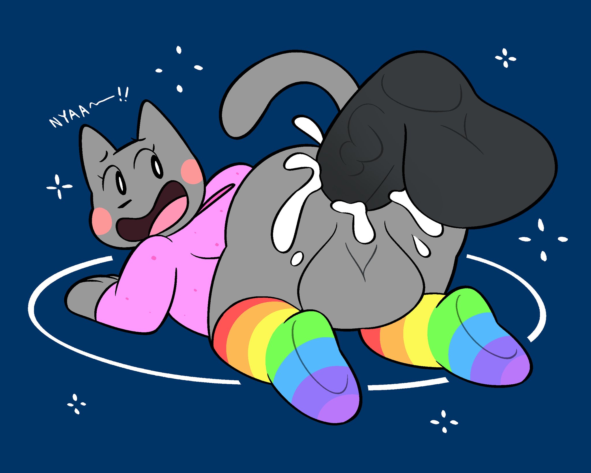anthro, ass, backsack, balls, ballsack, birdvian, cum, cum in ass, dildo, dildo in ass, feline, male, male only, male penetrating, meme, nyan cat, rainbow, rule 63, shocked, shocked expression, space, thick