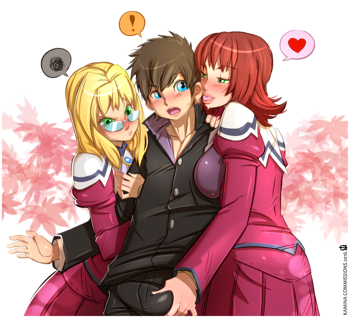 1boy, 2girls, blonde hair, blush, breasts, cartoony, clothes, clothing, erection under clothes, female, glasses, green eyes, heart shape, jviper, kamina1978, large breasts, male, mikado ryouko, oc, open mouth, penis, penis grab, red hair, redhead, school uniform, tearju lunatique, to love-ru, to love-ru darkness, younger