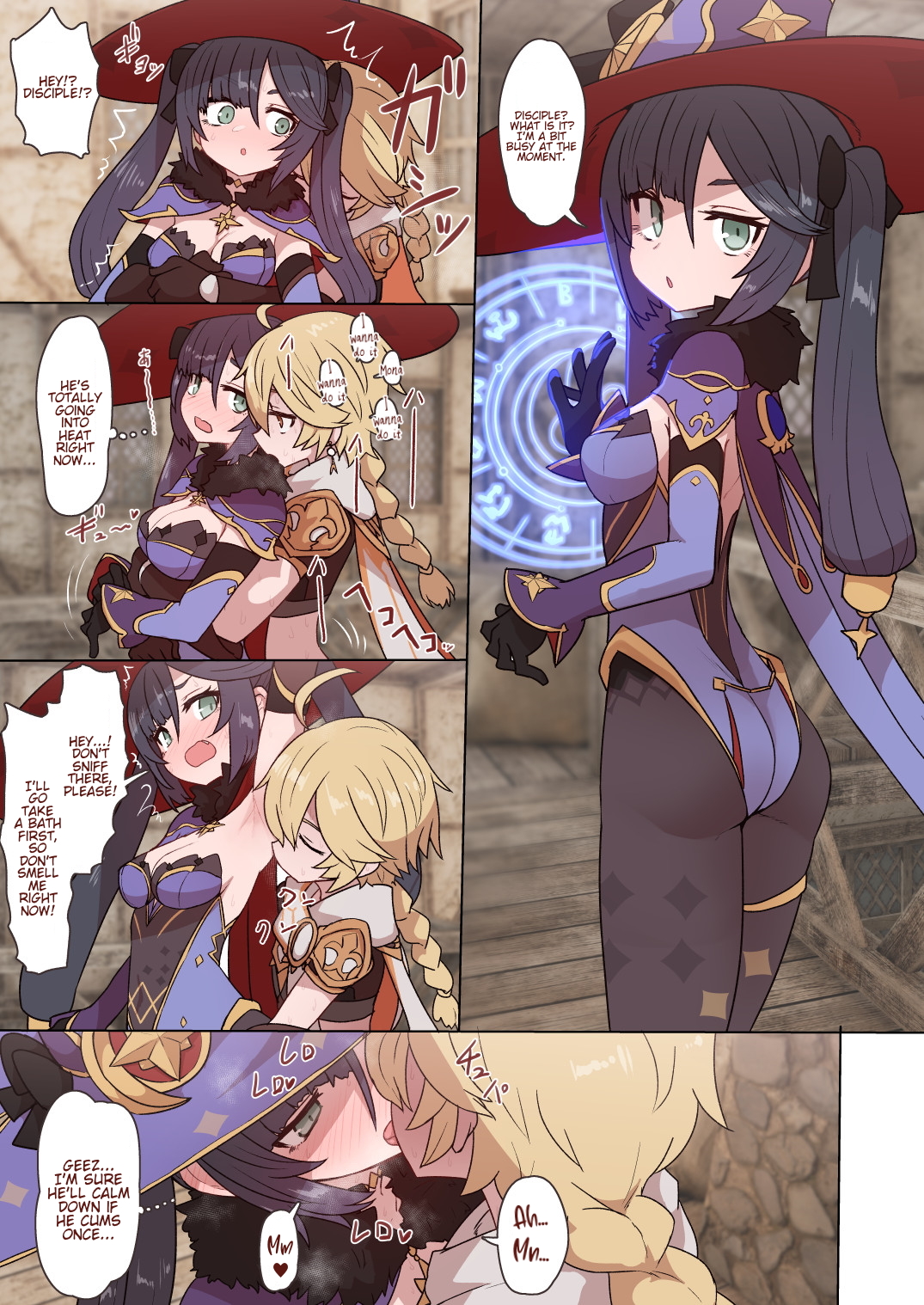 1boy, 1girls, aether (genshin impact), armpit fetish, armpit sniffing, armpits, ass, blush, breasts, cleavage, comic, english text, female, french kiss, genshin impact, in heat, kissing, male, mona (genshin impact), sex, source request, speech bubble, straight, sumiyao (amam), twintails