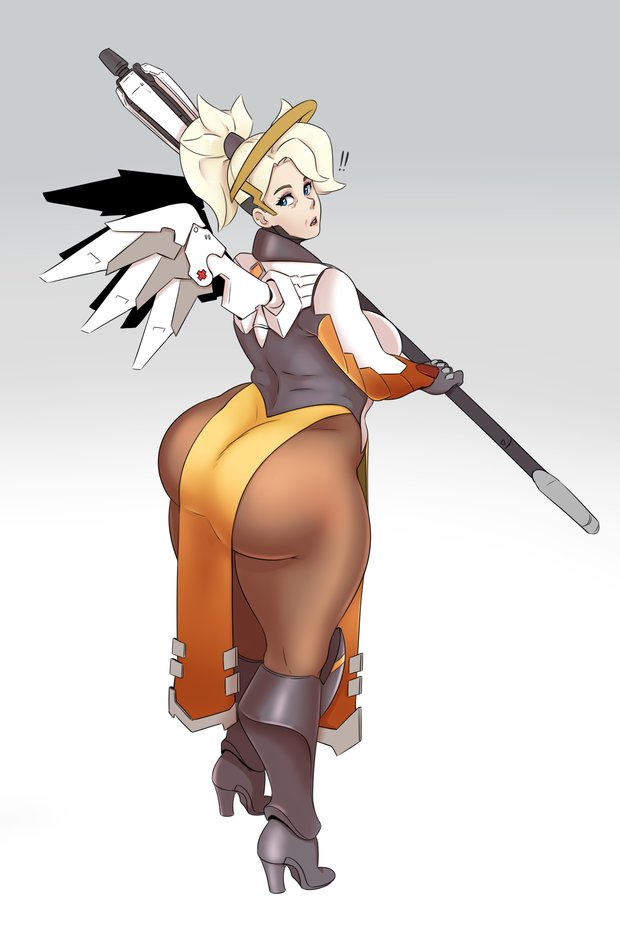 1girls, ass, big ass, female, female only, high heel boots, high heels, huge ass, mercy, overwatch, sunnysundown, thick thighs, wide hips