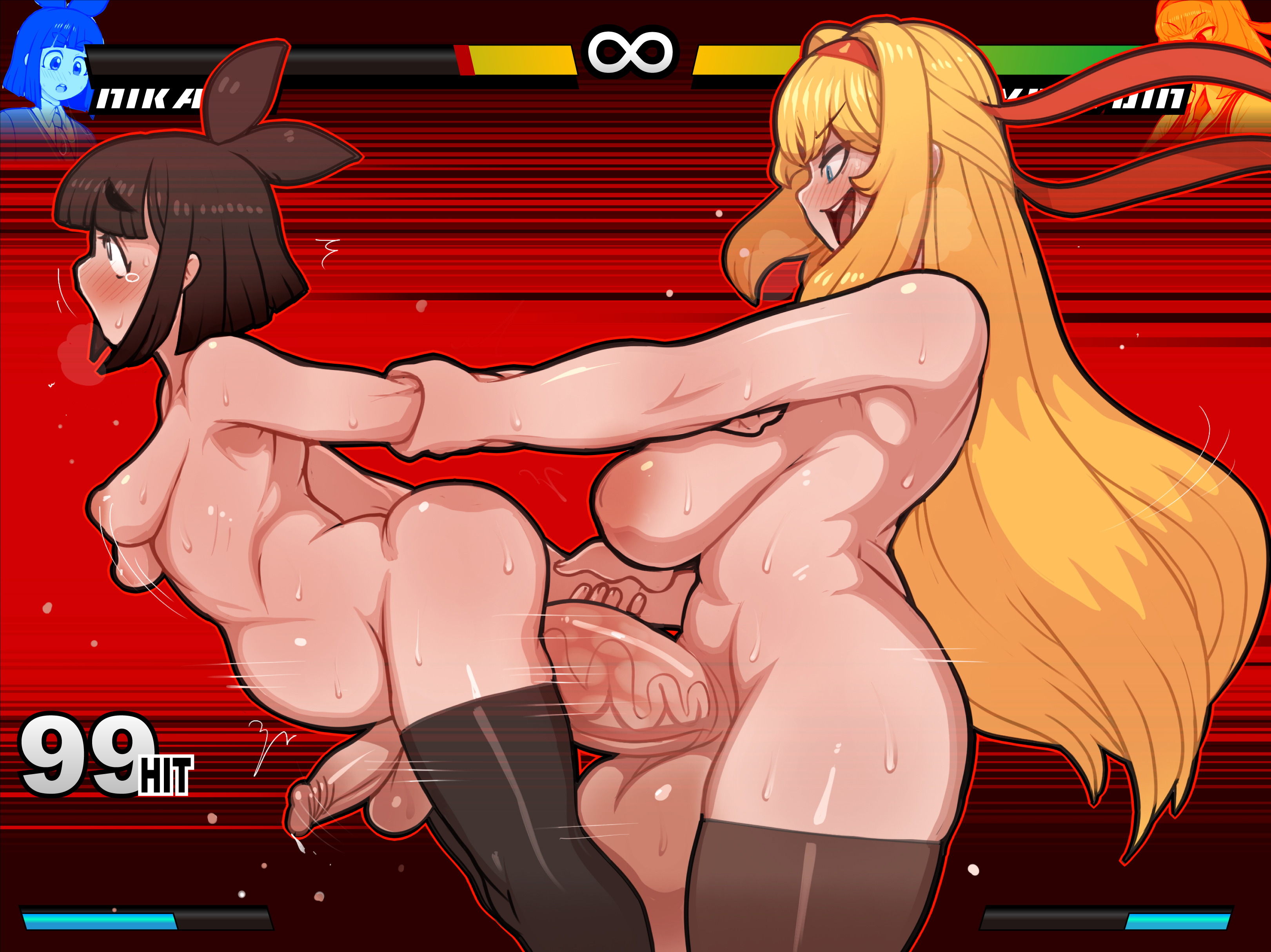 2futas, ambiguous penetration, areolae, balls, balls size difference, big balls, big breasts, big penis, blonde hair, blush, breasts, brown hair, dickgirl, futa on futa, futanari, gameplay mechanics, hair ribbon, huge balls, huge breasts, huge cock, intersex, large balls, large breasts, large penis, large testicles, long hair, nipples, original, penis, penis size difference, sarikyou, sex, short hair, silkyman, sweat, testicles, text, thick thighs, thighhighs, thighs, veiny penis, voluptuous, wide hips