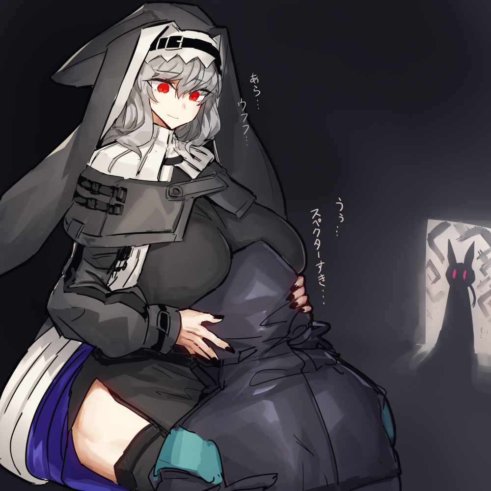 2girls, amiya (arknights), arknights, big breasts, breasts, comforting, curvy, doctor (arknights), face in breasts, female, huge breasts, mature female, melon22, nun, nun's habit, red eyes, silver hair, sitting, specter (arknights), thighhighs