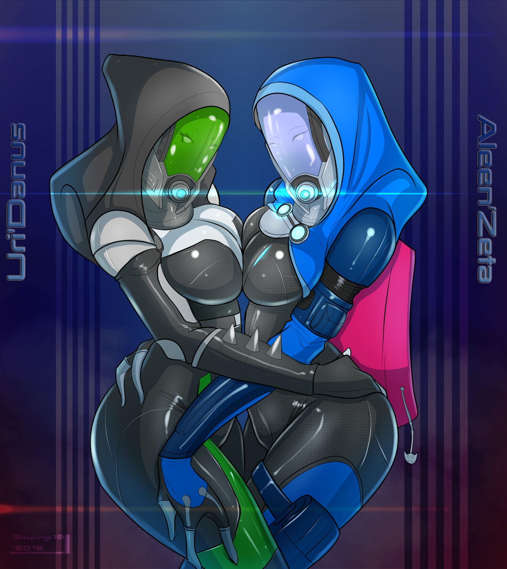 2girls, aleen'zeta, bodysuit, breast press, breasts, female, fully clothed, grabbing ass, hood, looking at viewer, mask, masked female, mass effect, quarian, skintight bodysuit, teqa, thick thighs