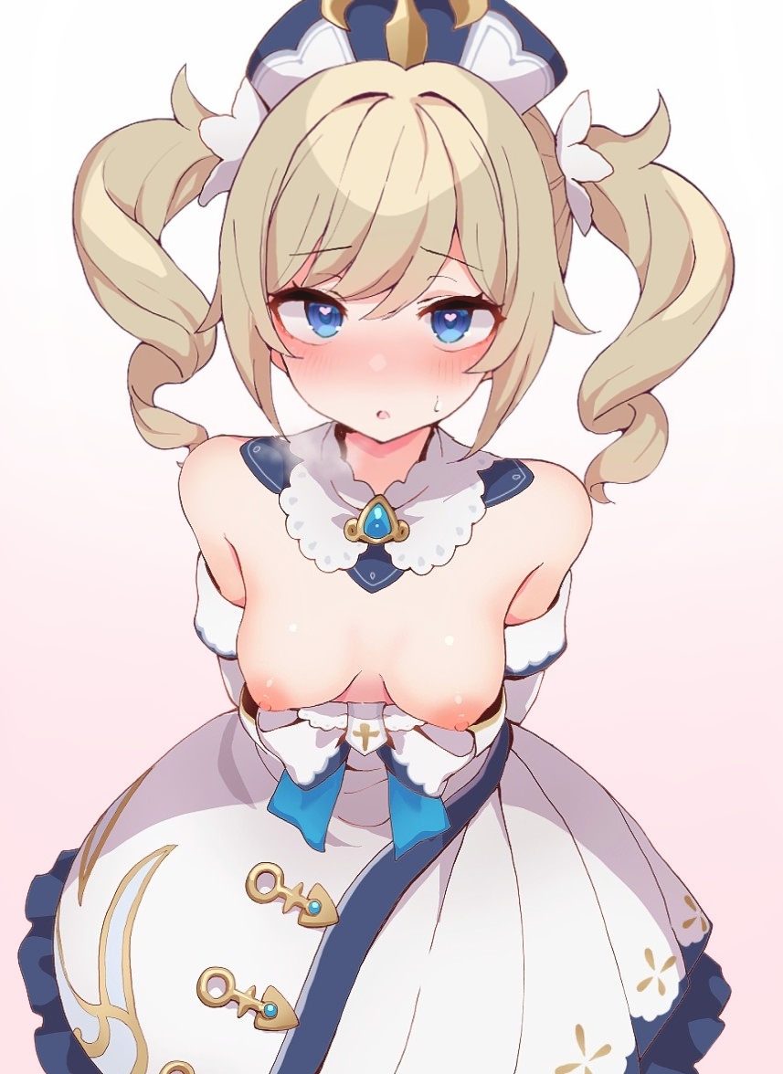 1girls, barbara (genshin impact), blonde hair, blue eyes, blush, breasts, dress, dress pull, erect nipples, female, genshin impact, nipples, no bra, nun, puffy nipples, twintails