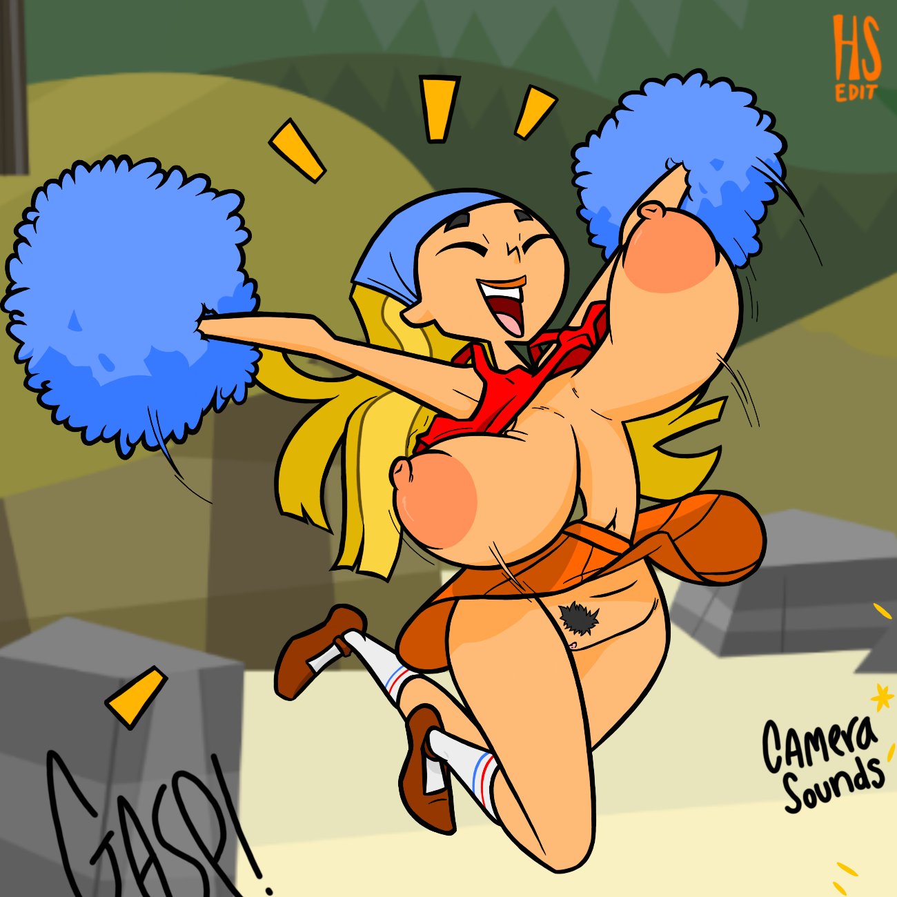 blonde hair, bouncing breasts, breasts, breasts out, cheering, closed eyes, female, gasp, haretasora, huge areolae, lindsay (tdi), midair, nipples, no bra, no panties, pom poms, puffy nipples, pussy, sagging breasts, skirt, taking picture, terrible the drawfag, total drama island