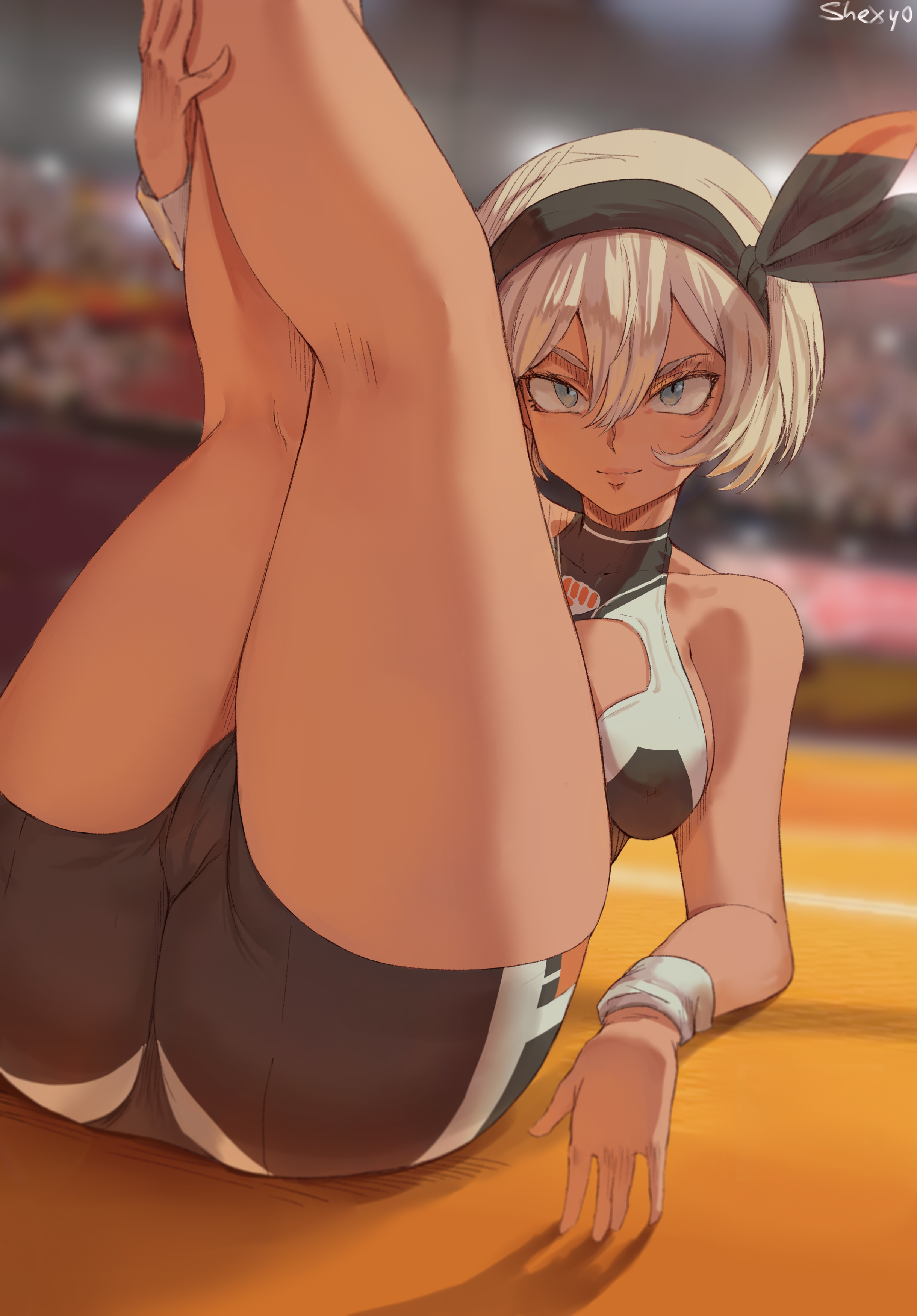 1girls, ass, bea (pokemon), big breasts, bike shorts, breasts, casual, female, female focus, female only, grey hair, high resolution, highres, human, legs together, legs up, looking at viewer, nintendo, patreon, patreon reward, pokemon, pokemon ss, rear view, shexyo, short hair, shorts, solo, sports bra, stadium, tagme, white hair, white-haired female