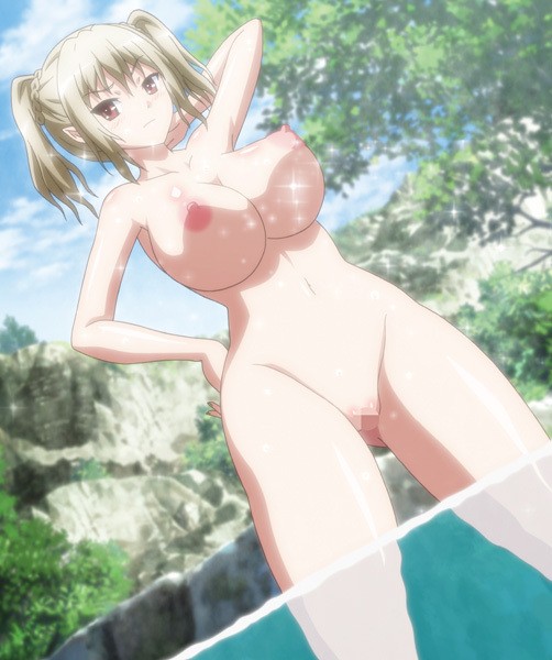 2019, anime screencap, areolae, blonde hair, blush, breasts, censored, cleavage, demon, demon girl, erect nipples, eyebrows visible through hair, female, female focus, iris (ochi mono rpg seikishi luvilias), large breasts, majin (company), majin label, nipples, nude, ochi mono rpg seikishi luvilias, outdoors, ova, pointy ears, pool, pussy, screencap, screenshot, solo, succubus, twintails