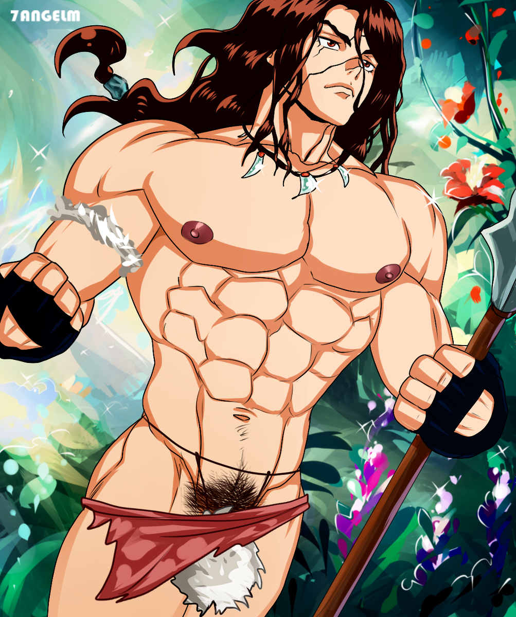 1boy 7angelm abs armband backless_gloves bara barbarian biceps brown_eyes brown_hair censored clenched_fist convenient_censoring deltoids dr.stone dutch_angle face_markings facial_scar fingerless_gloves gloves loincloth long_hair male male_only male_pubic_hair matching_hair/eyes muscles muscular_male necklace novelty_censor pecs pubic_hair six_pack solo spear tooth_necklace tribal tsukasa_shishio warrior weapon wide_shoulders