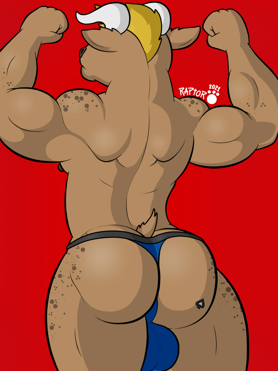 animal_humanoid anthro ass balls big_balls big_butt big_muscles bovid bovid_humanoid bovine bovine_balls bovine_humanoid cattle clothing flexing fur genitals hi_res huge_balls huge_butt humanoid male male/male mammal mammal_humanoid muscular muscular_anthro muscular_male nipples pose raptorart simple_background solo standing underwear