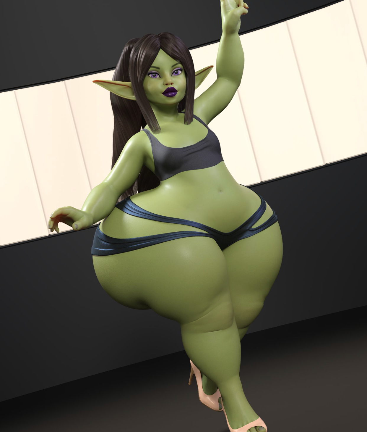 1girls, 3d, ass, bottom heavy, breasts, evolluisionist, female, flat, flat chest, flat chested, gigantic ass, goblin, goblin female, green skin, high heels, huge ass, hyper, hyper ass, hyper hips, mivvi, shortstack, solo, wide hips