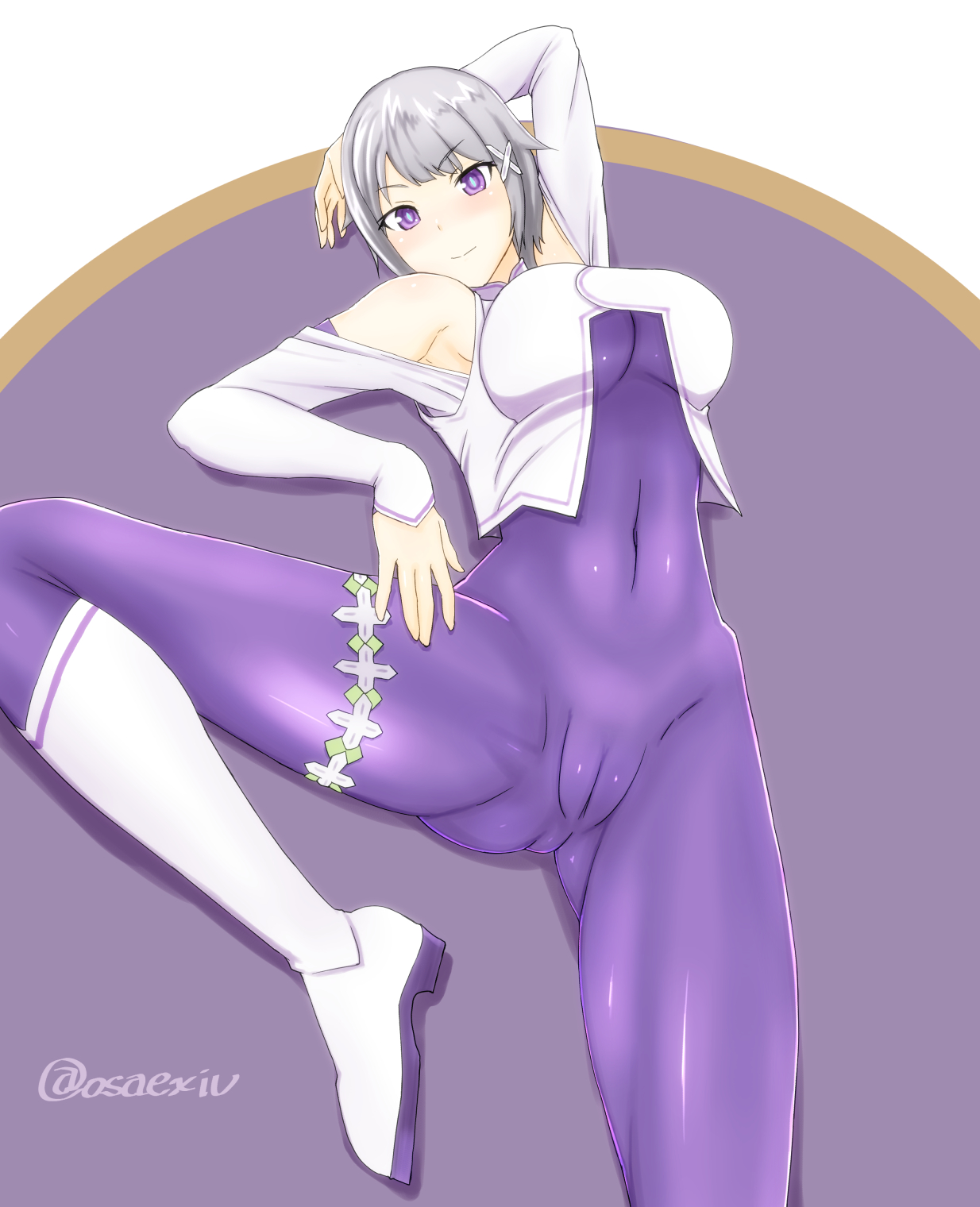 arm behind head, bare shoulders, breasts, cameltoe, female, female only, fortuna (re:zero), high resolution, large breasts, looking at viewer, one leg raised, osaexiv, purple eyes, pussy, re:zero kara hajimeru isekai seikatsu, short hair, silver hair, skintight suit, solo, solo female, thick thighs, thighs