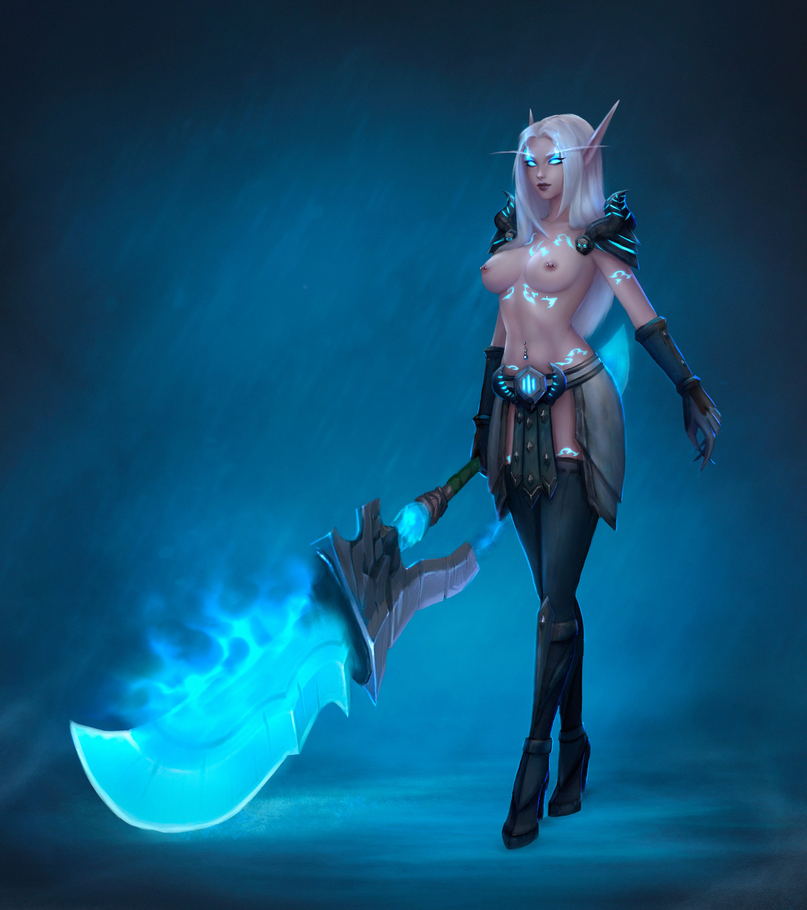 1girls, black legwear, black thighhighs, blood elf, blue eyes, breasts, clothing, death knight, elf, female, female only, kayav, legs together, long hair, navel piercing, nipple piercing, nipples, piercing, solo, tattoo, thighhighs, topless, warcraft, wide hips, world of warcraft, wow